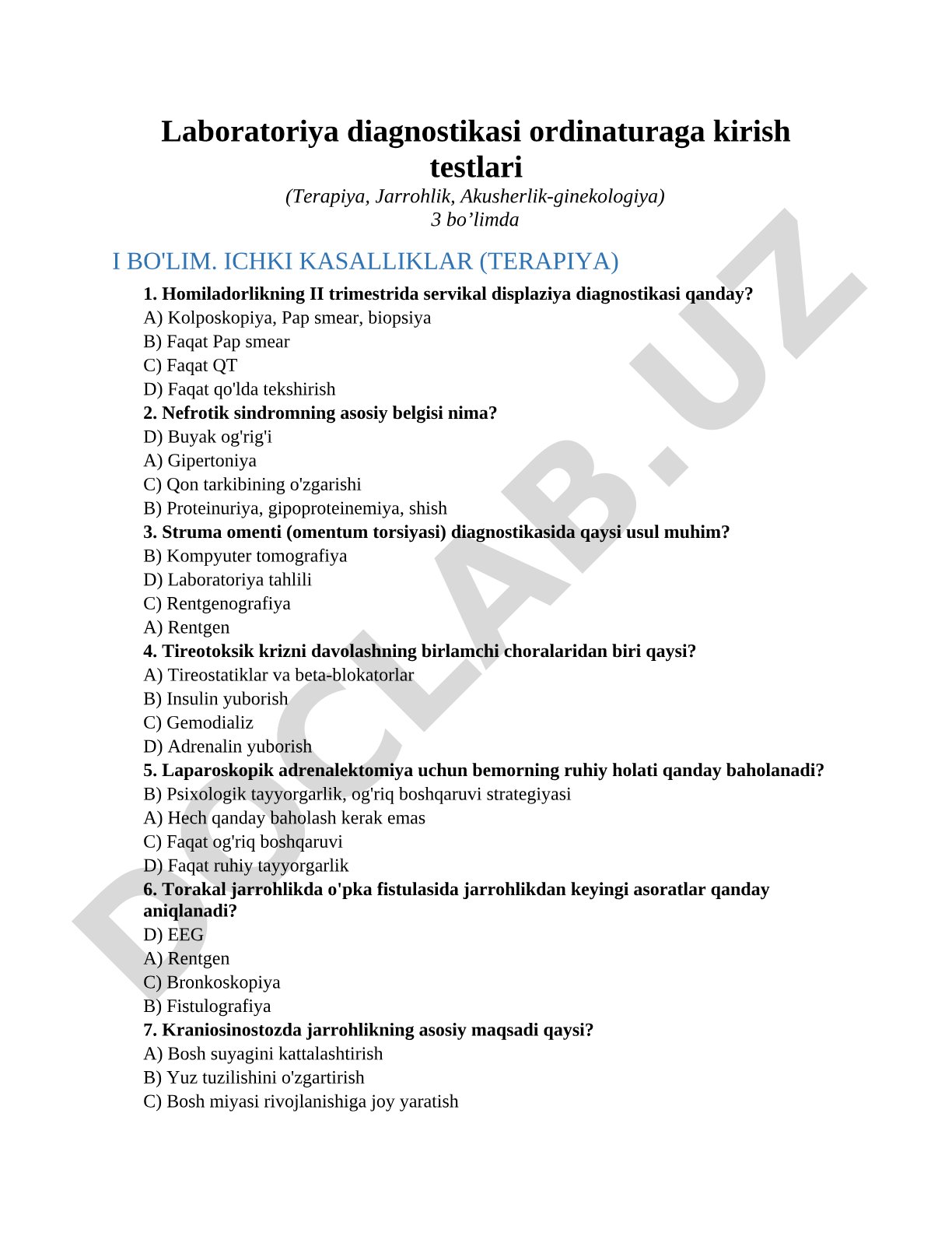 Laboratoriya diagnostikasi ordinaturaga kirish testlari (Terapiya, Jarrohlik, Akusherlik-ginekologiya)