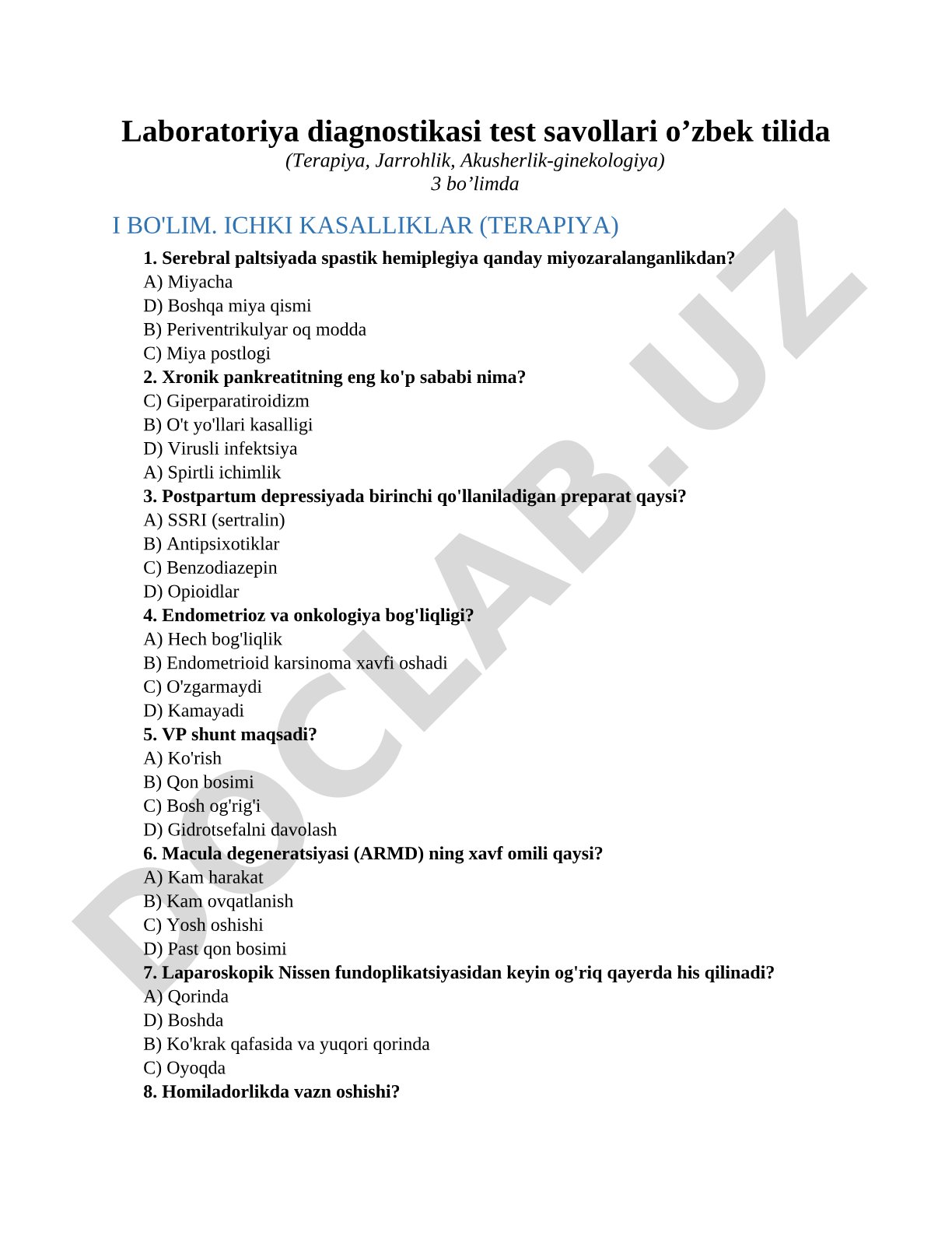 Laboratoriya diagnostikasi test savollari o’zbek tilida (Terapiya, Jarrohlik, Akusherlik-ginekologiya)