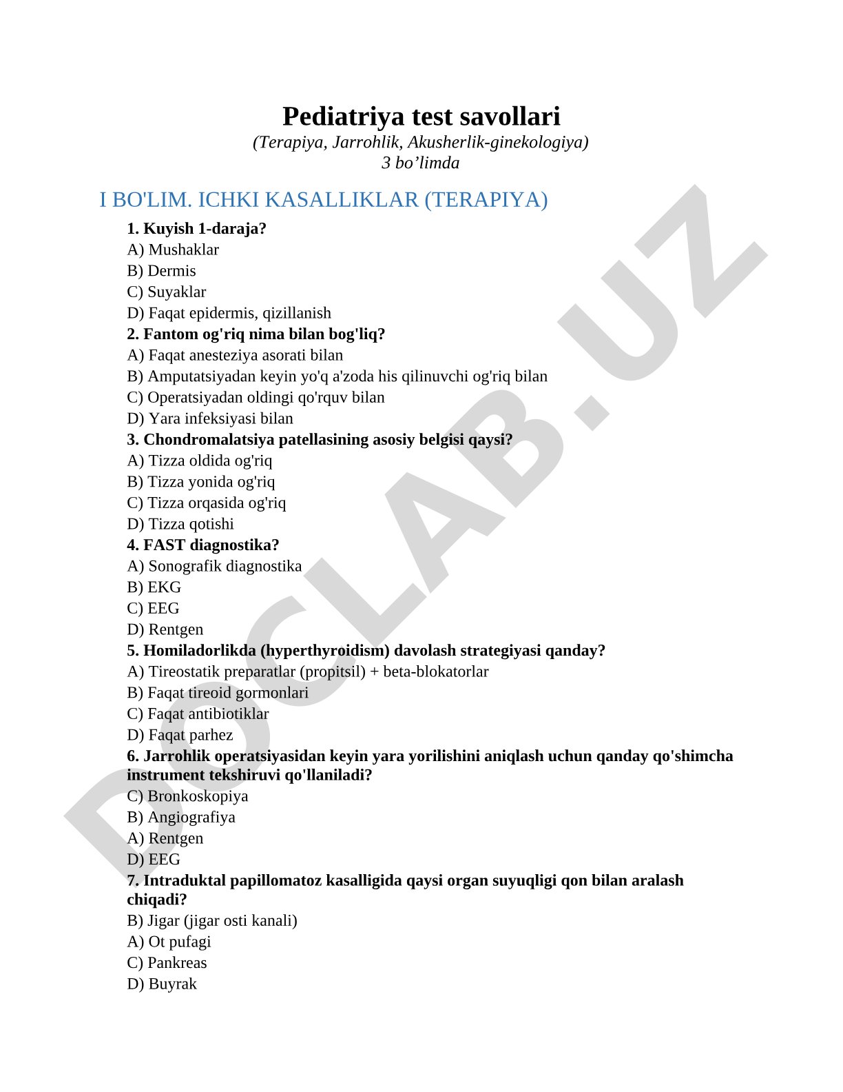 Pediatriya test savollari (Terapiya, Jarrohlik, Akusherlik-ginekologiya)