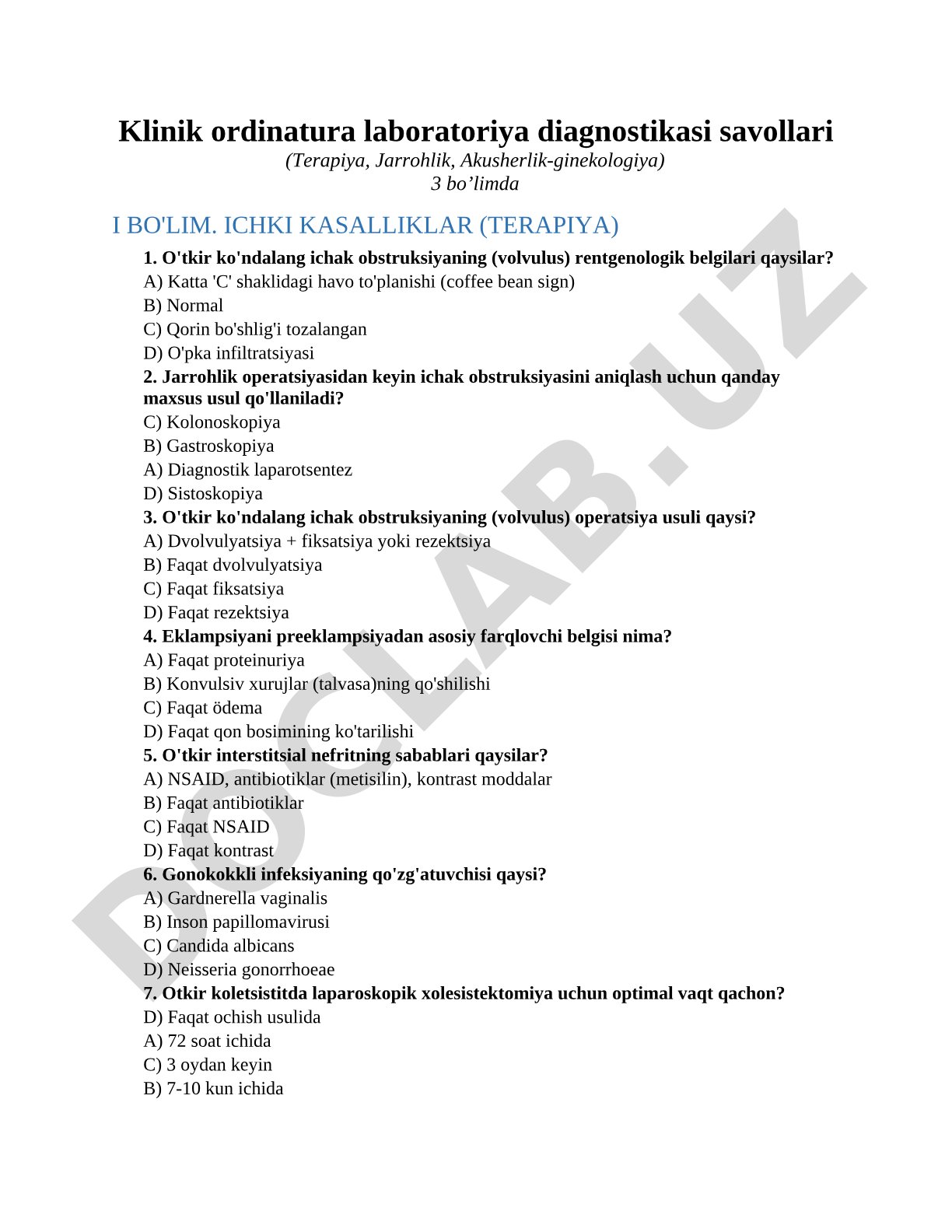 Klinik ordinatura laboratoriya diagnostikasi savollari (Terapiya, Jarrohlik, Akusherlik-ginekologiya)
