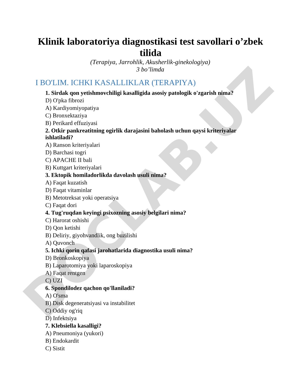 Klinik laboratoriya diagnostikasi test savollari o’zbek tilida (Terapiya, Jarrohlik, Akusherlik-ginekologiya)