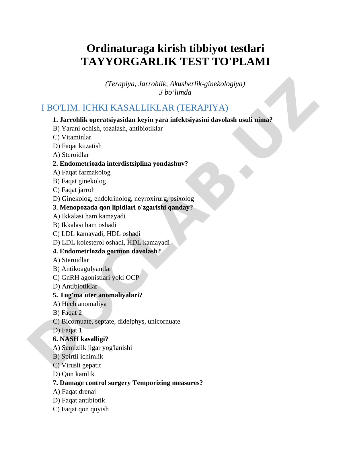 Ordinaturaga kirish tibbiyot testlari Tayyorgarlik Test To'plami (Terapiya, Jarrohlik, Akusherlik-ginekologiya)