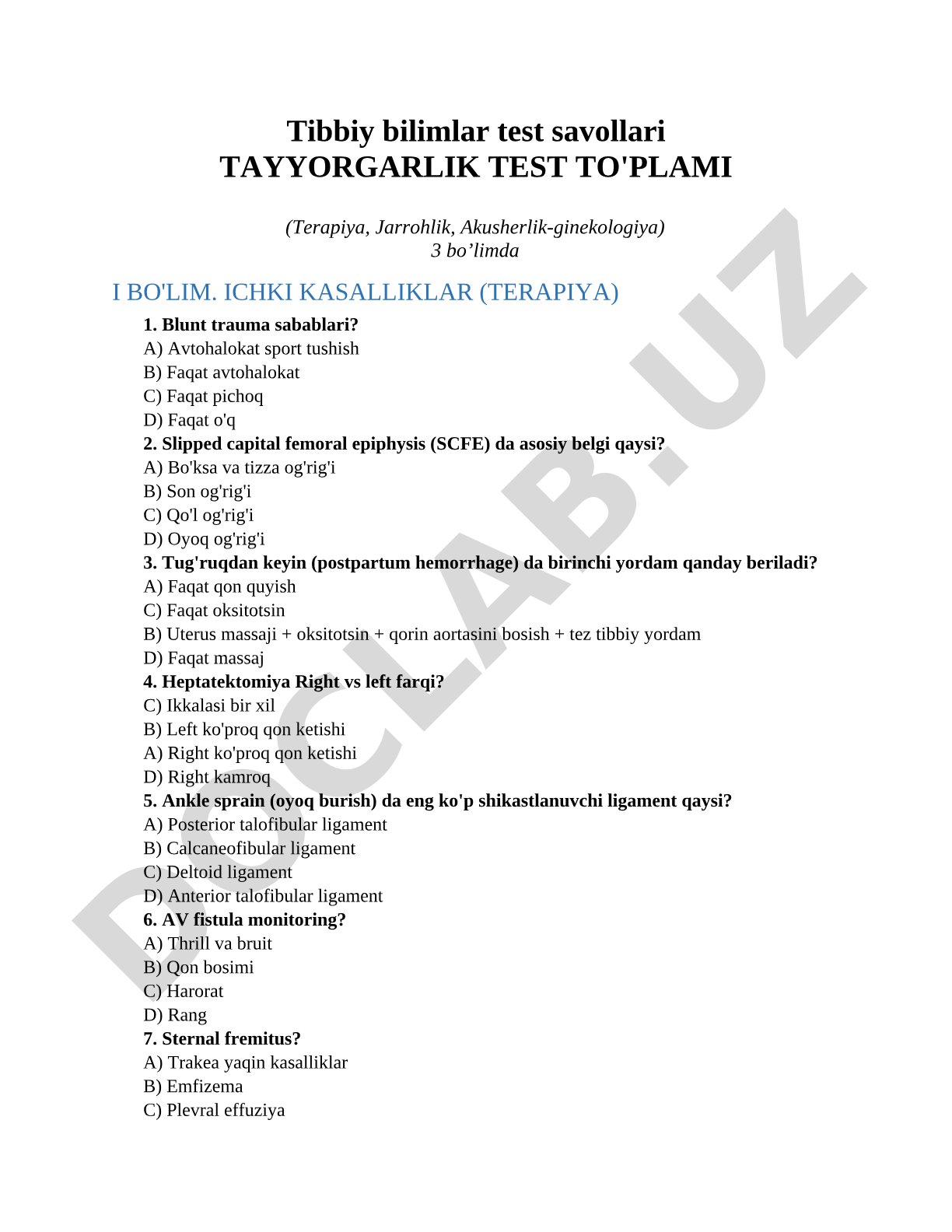 Tibbiy bilimlar test savollari Tayyorgarlik test to'plami (Terapiya, Jarrohlik, Akusherlik-ginekologiya)