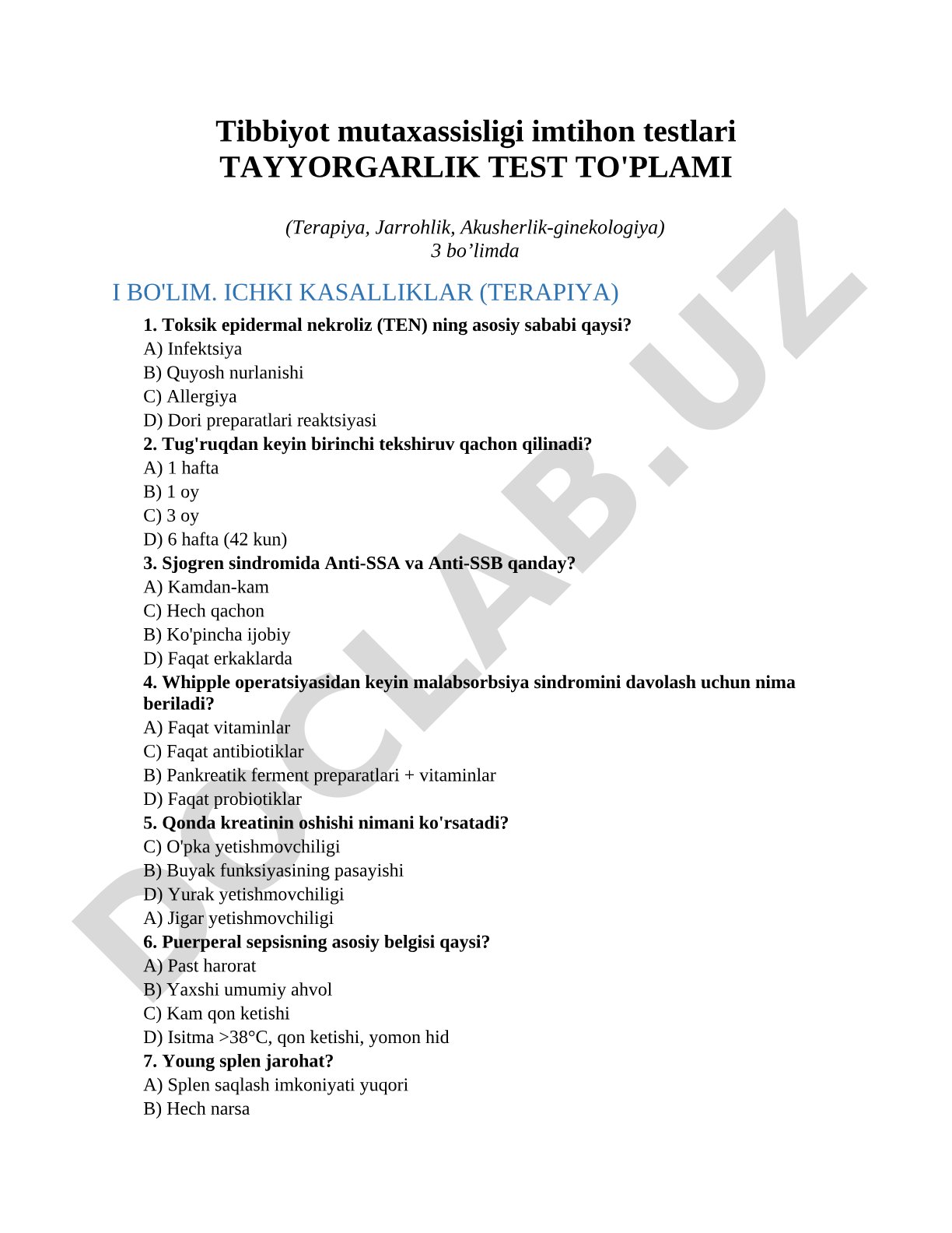 Tibbiyot mutaxassisligi imtihon testlari (Terapiya, Jarrohlik, Akusherlik-ginekologiya)