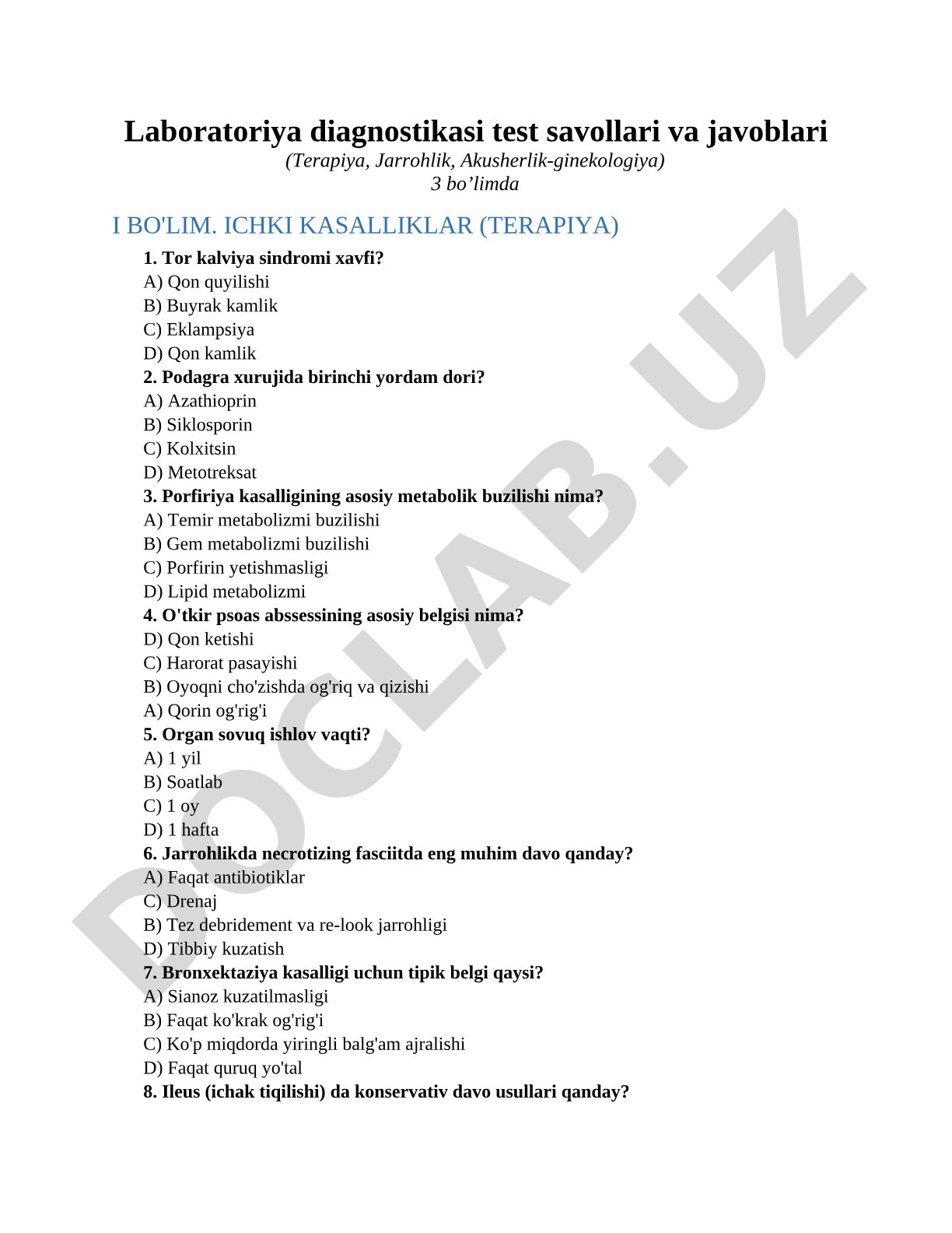 Laboratoriya diagnostikasi test savollari va javoblari (Terapiya, Jarrohlik, Akusherlik-ginekologiya)
