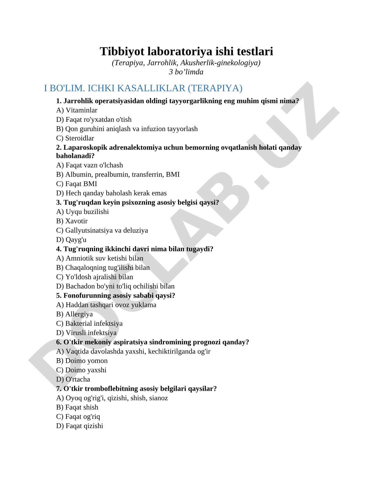 Tibbiyot laboratoriya ishi testlari (Terapiya, Jarrohlik, Akusherlik-ginekologiya)