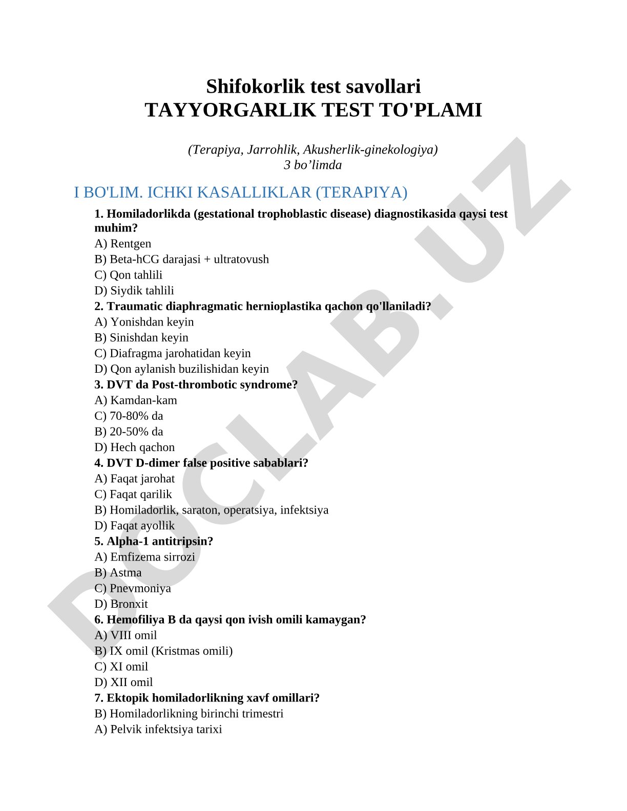 Shifokorlik test savollari TAYYORGARLIK TEST TO'PLAMI (Terapiya, Jarrohlik, Akusherlik-ginekologiya)