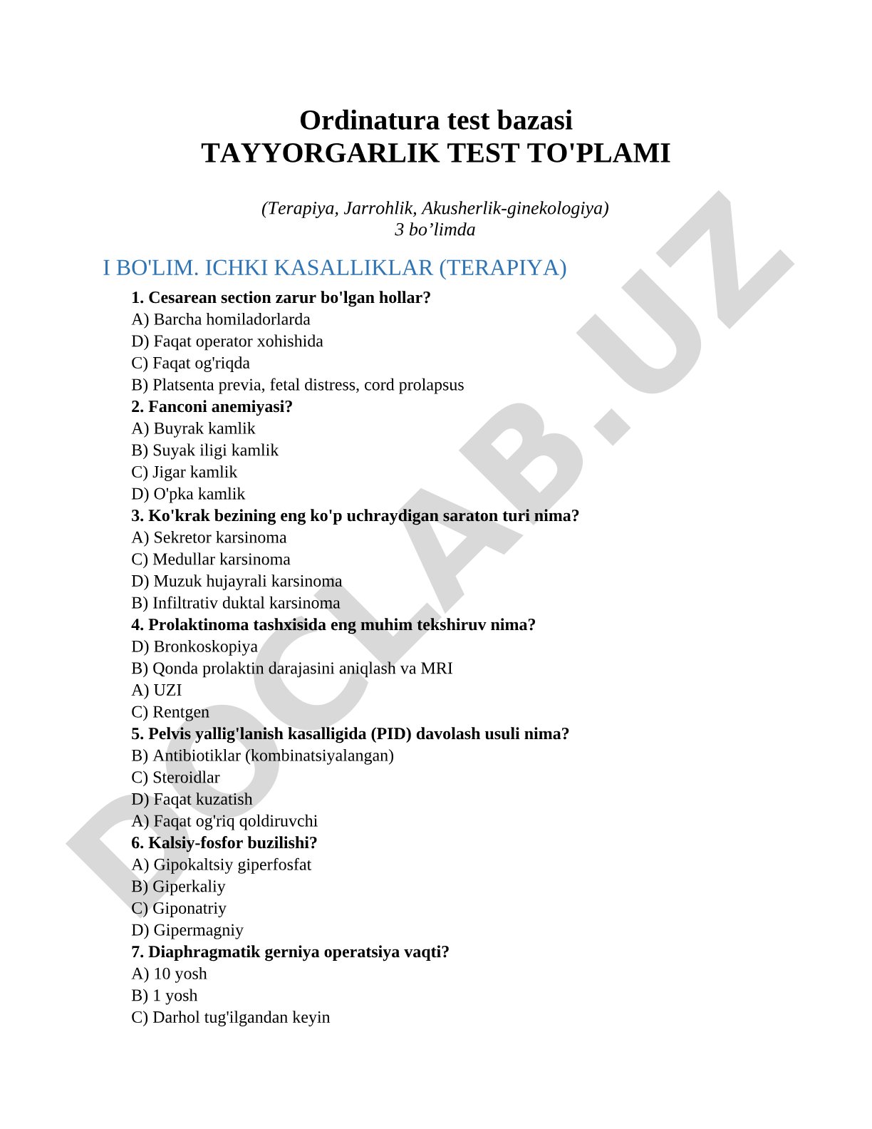Ordinatura test bazasi Tayyorgarlik test to'plami (Terapiya, Jarrohlik, Akusherlik-ginekologiya)