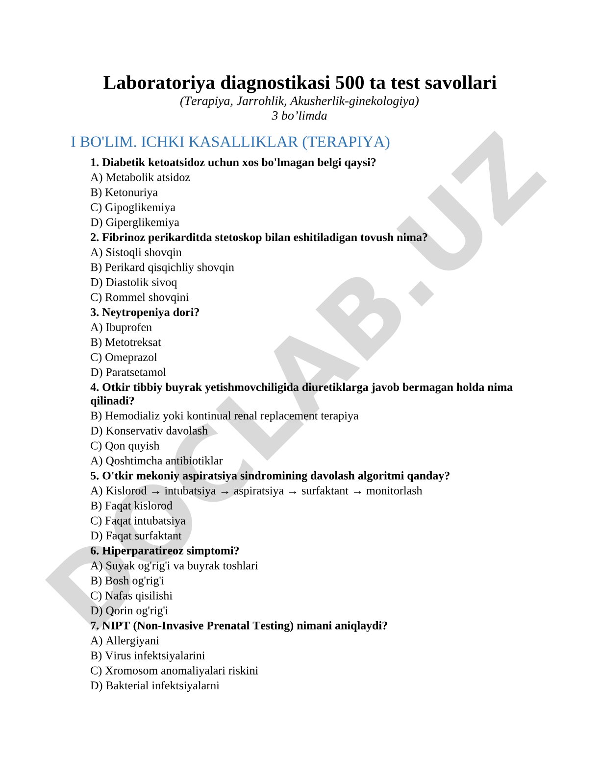 Laboratoriya diagnostikasi 500 ta test savollari (Terapiya, Jarrohlik, Akusherlik-ginekologiya)