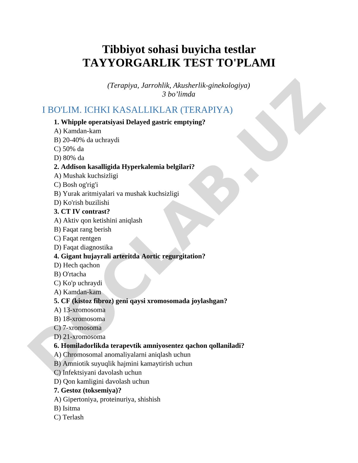 Tayyorgarlik test to'plami (Terapiya, Jarrohlik, Akusherlik-ginekologiya)