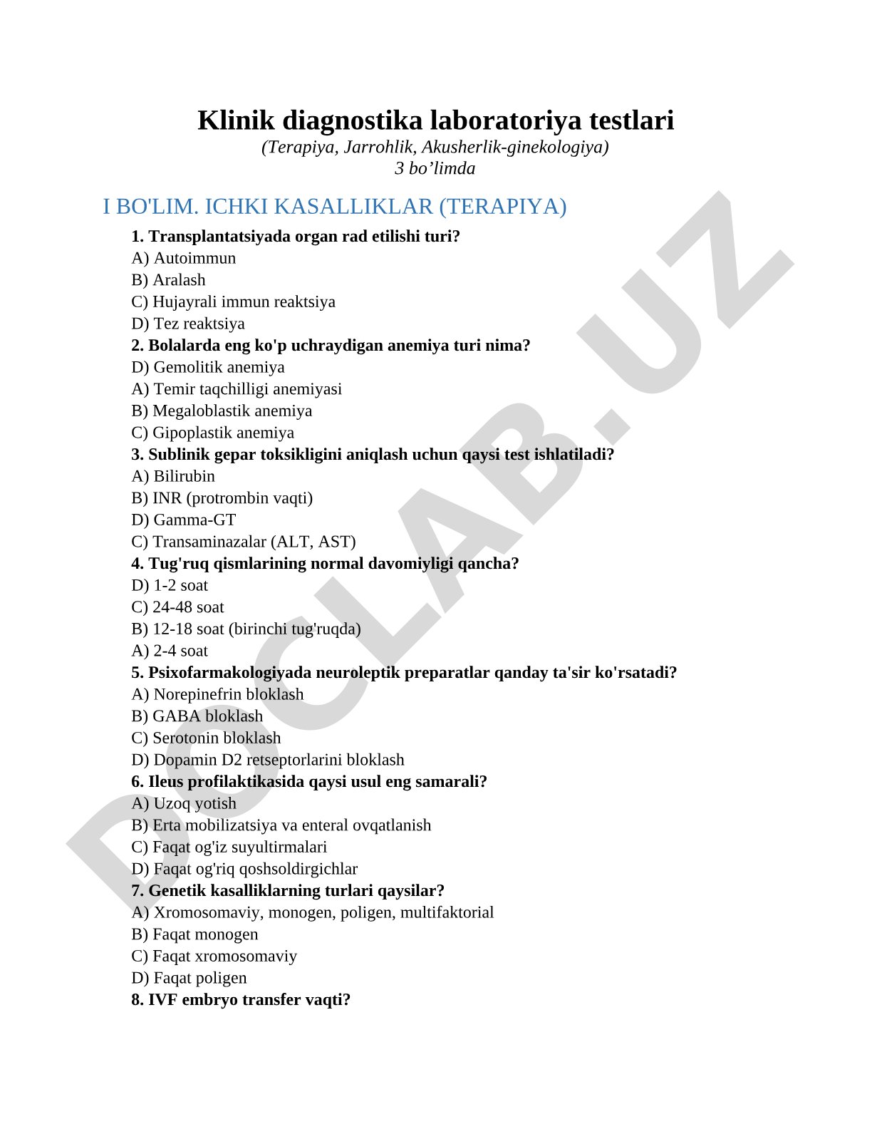 Klinik diagnostika laboratoriya testlari (Terapiya, Jarrohlik, Akusherlik-ginekologiya)