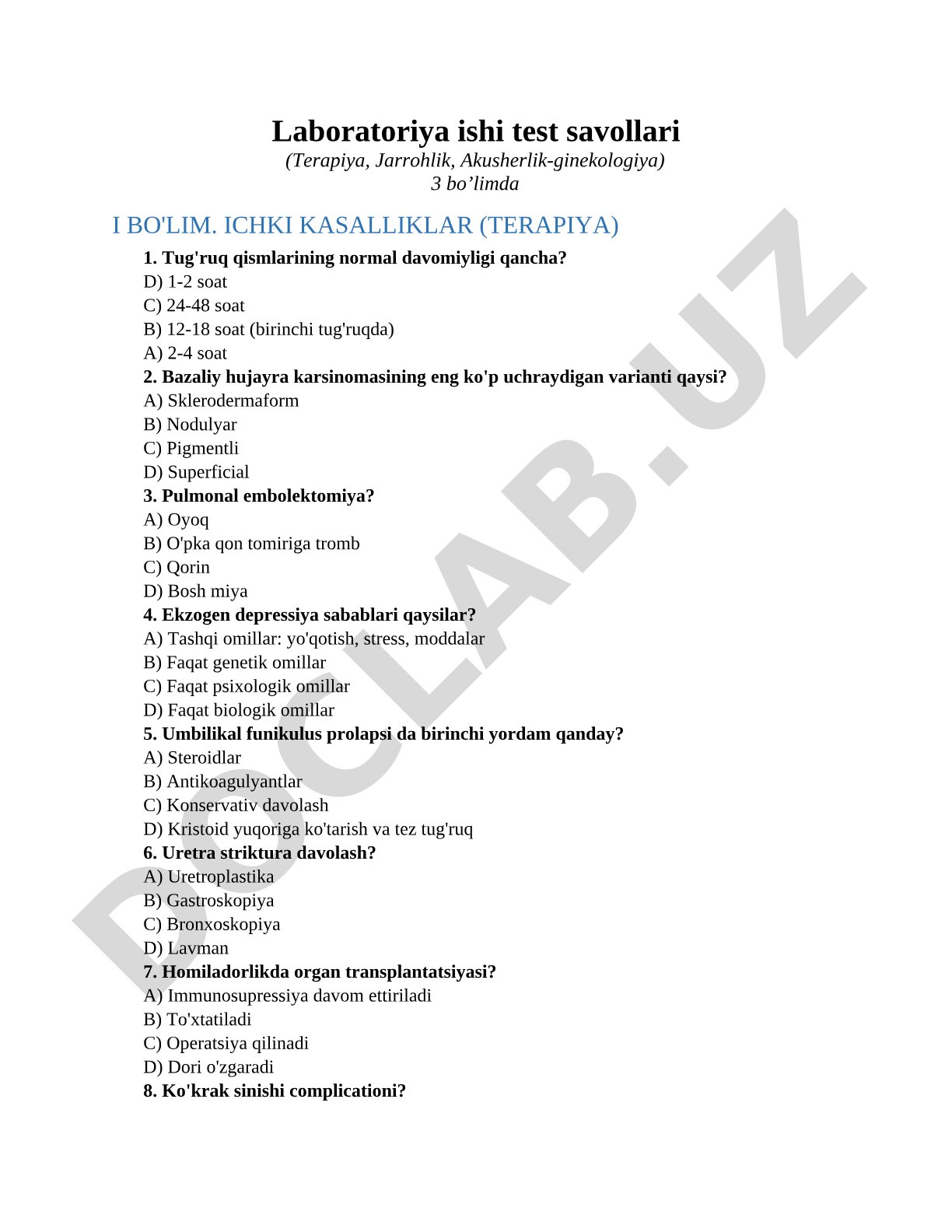Laboratoriya ishi test savollari (Terapiya, Jarrohlik, Akusherlik-ginekologiya)