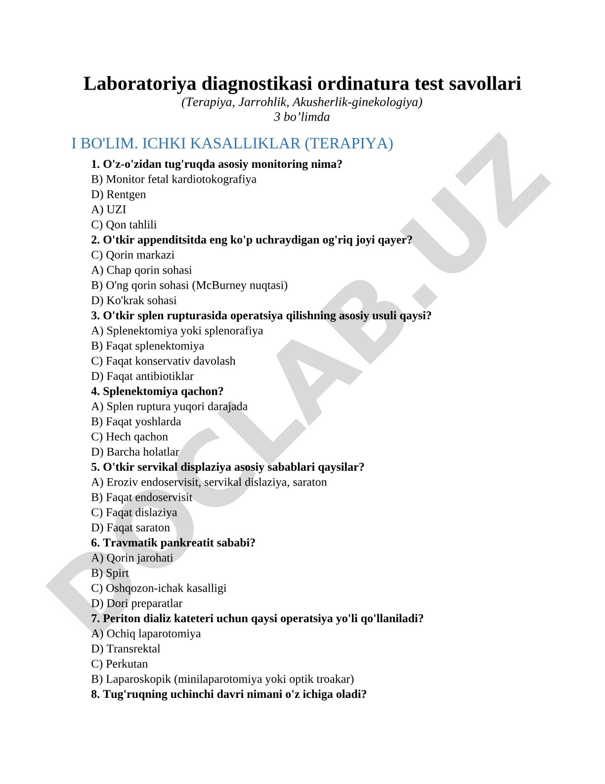 Laboratoriya diagnostikasi ordinatura test savollari (Terapiya, Jarrohlik, Akusherlik-ginekologiya)