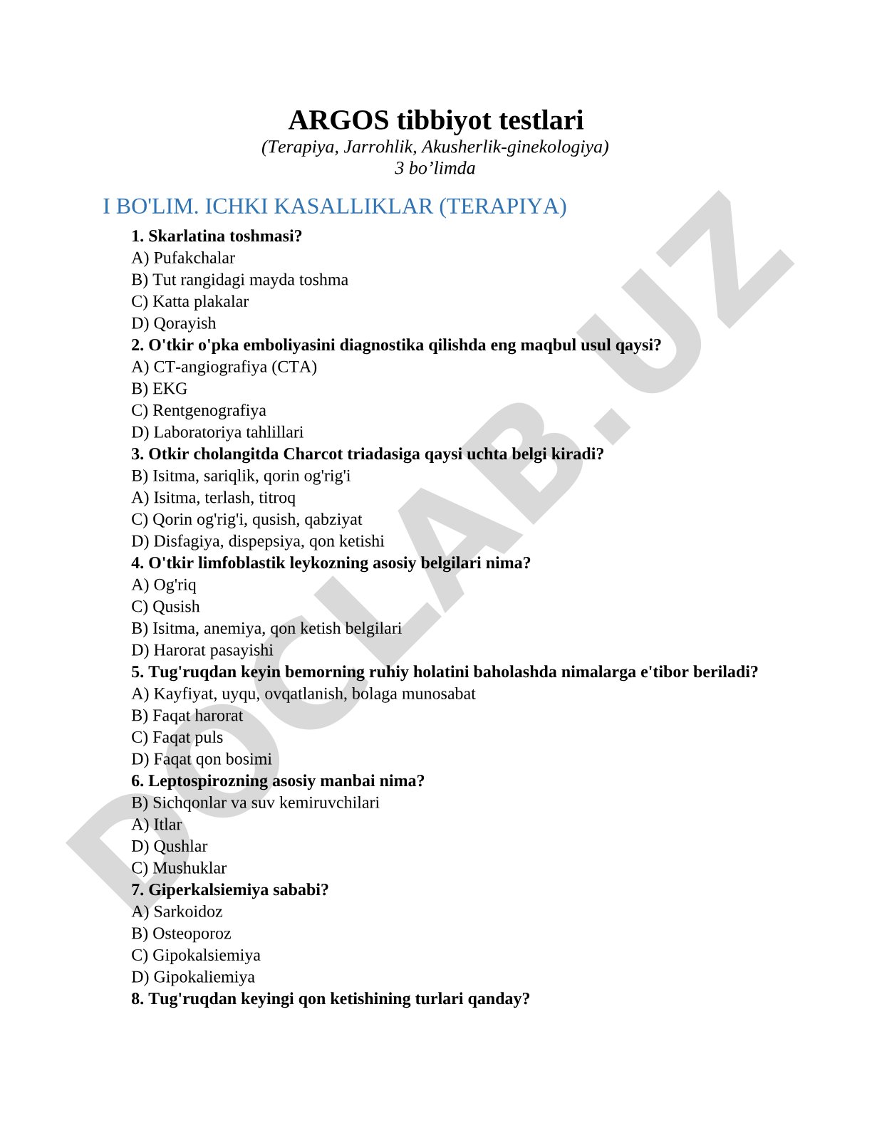 Argos tibbiyot testlari (Terapiya, Jarrohlik, Akusherlik-ginekologiya)