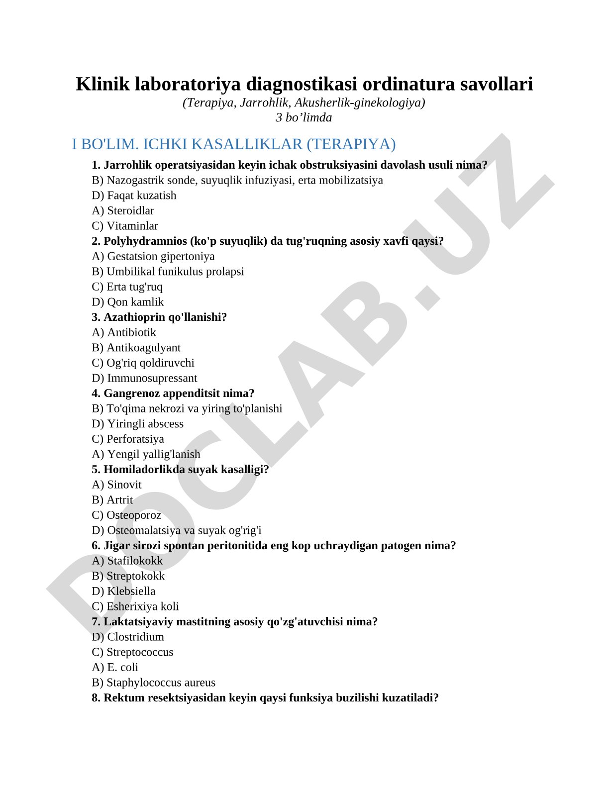 Klinik laboratoriya diagnostikasi ordinatura savollari (Terapiya, Jarrohlik, Akusherlik-ginekologiya)