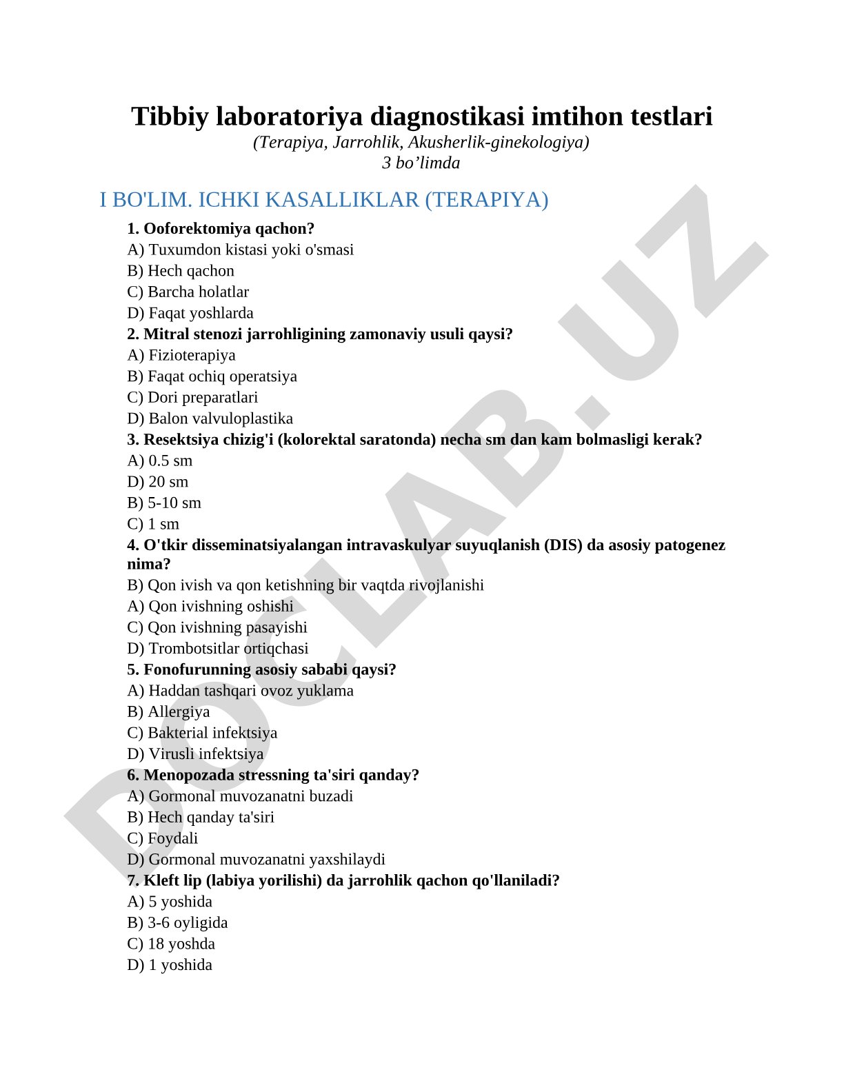 Tibbiy laboratoriya diagnostikasi imtihon testlari (Terapiya, Jarrohlik, Akusherlik-ginekologiya)