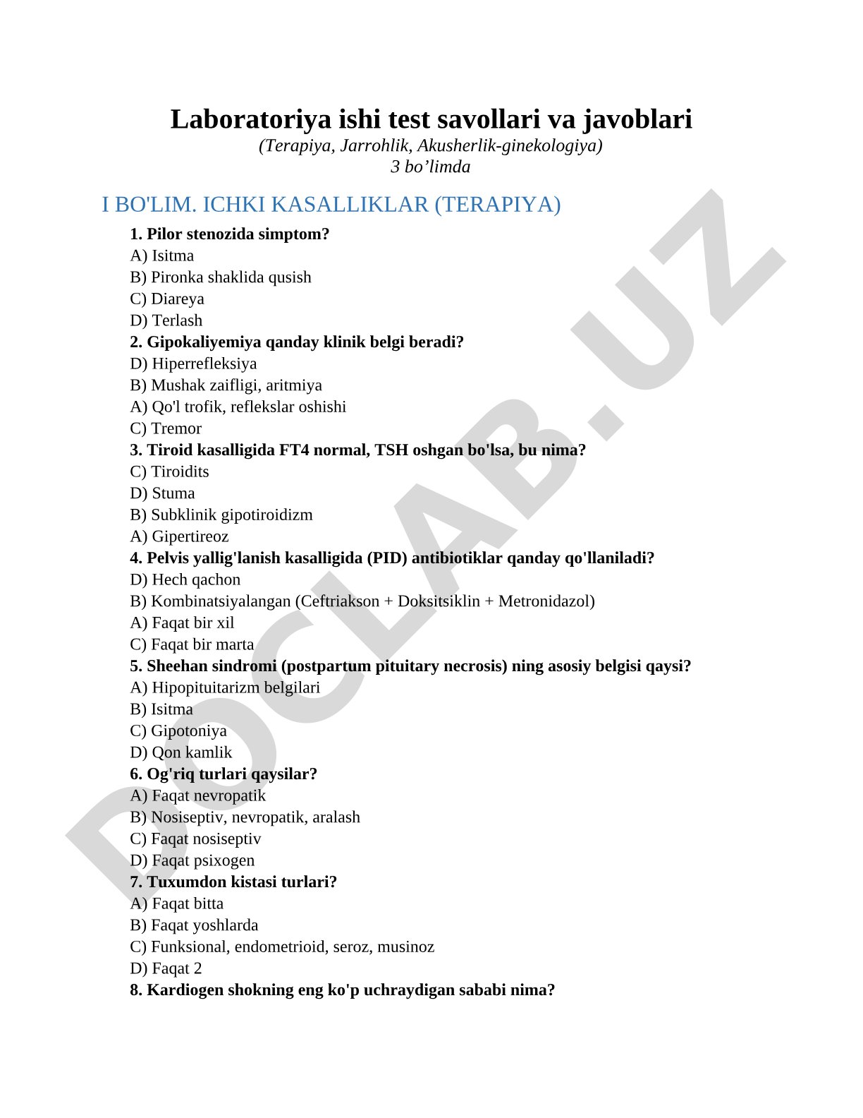 Laboratoriya ishi test savollari va javoblari (Terapiya, Jarrohlik, Akusherlik-ginekologiya)