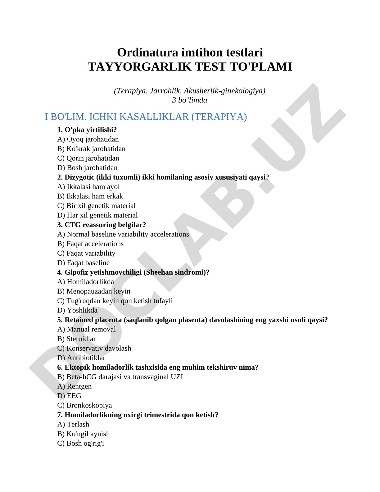 Ordinatura imtihon testlari TAYYORGARLIK TEST TO'PLAMI (Terapiya, Jarrohlik, Akusherlik-ginekologiya