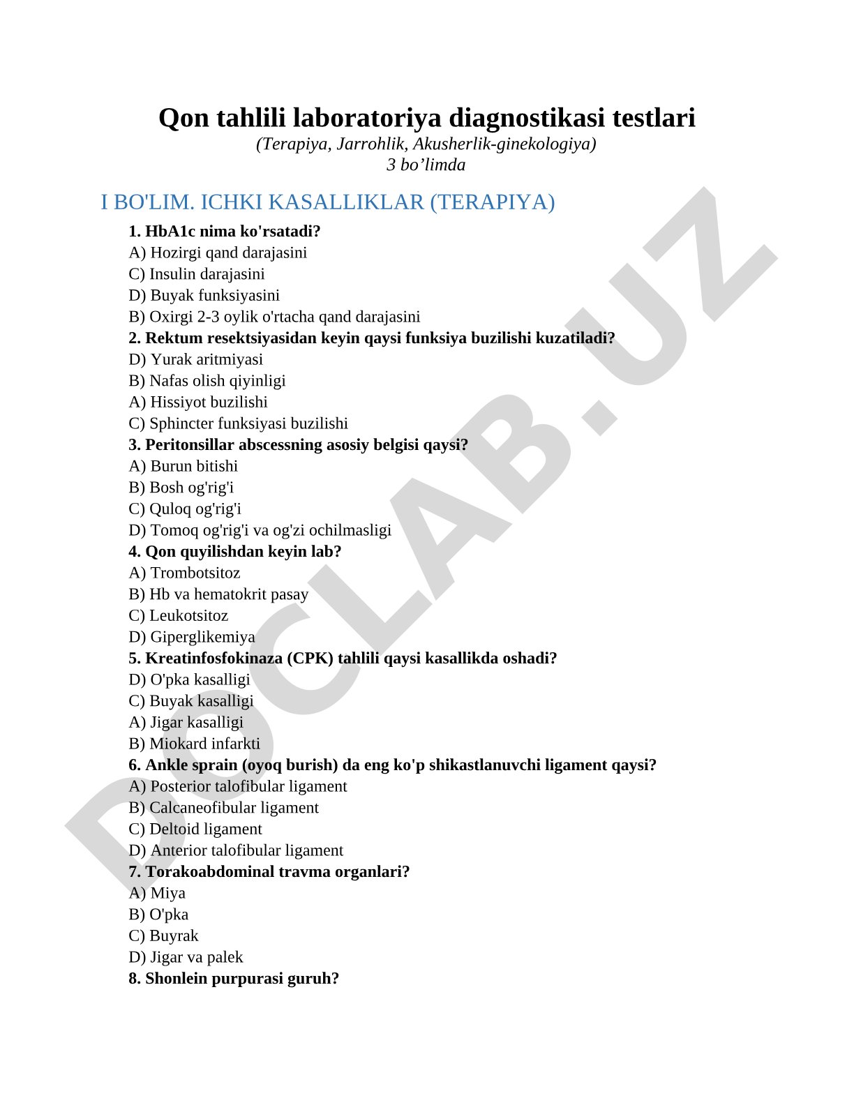 Qon tahlili laboratoriya diagnostikasi testlari (Terapiya, Jarrohlik, Akusherlik-ginekologiya)