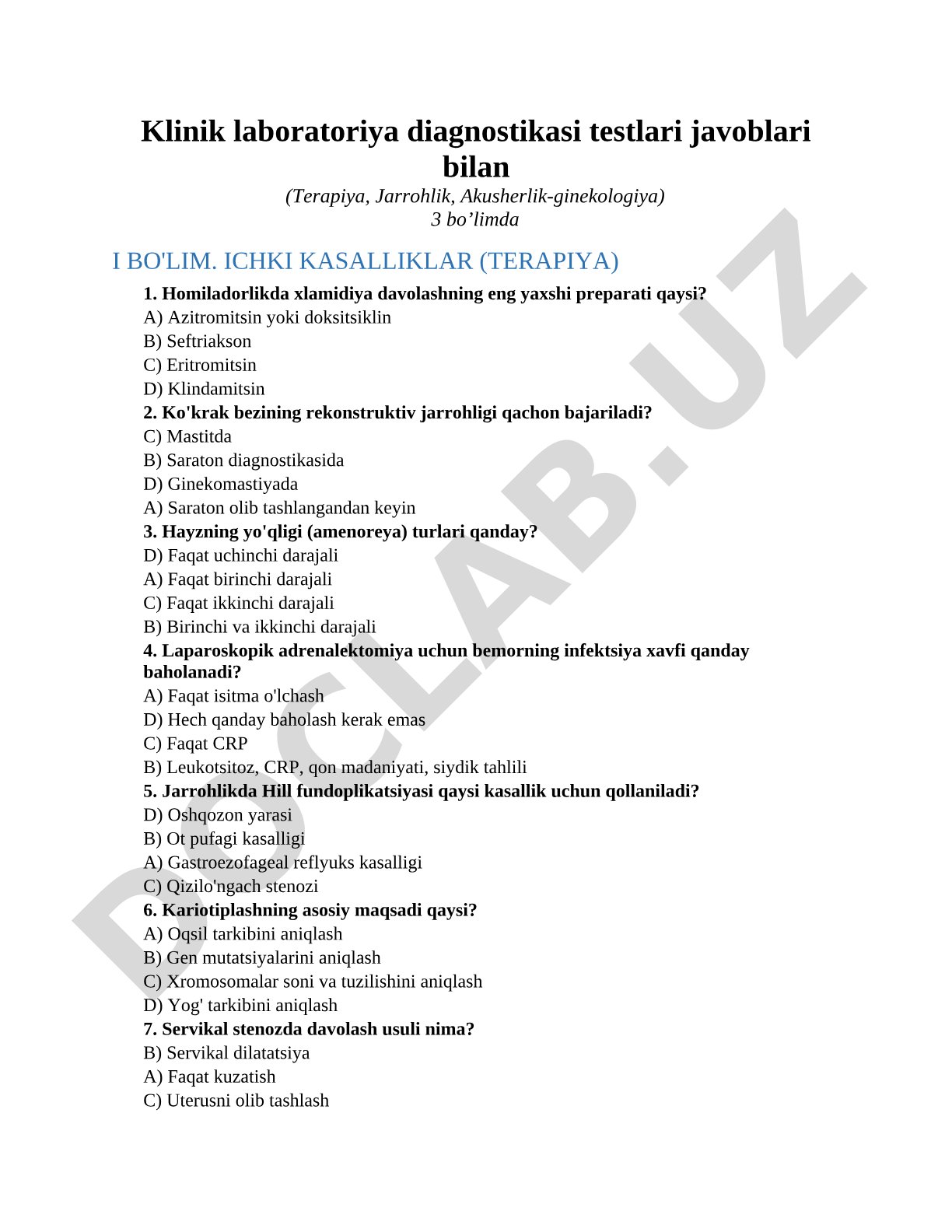 Klinik laboratoriya diagnostikasi testlari javoblari bilan (Terapiya, Jarrohlik, Akusherlik-ginekologiya)