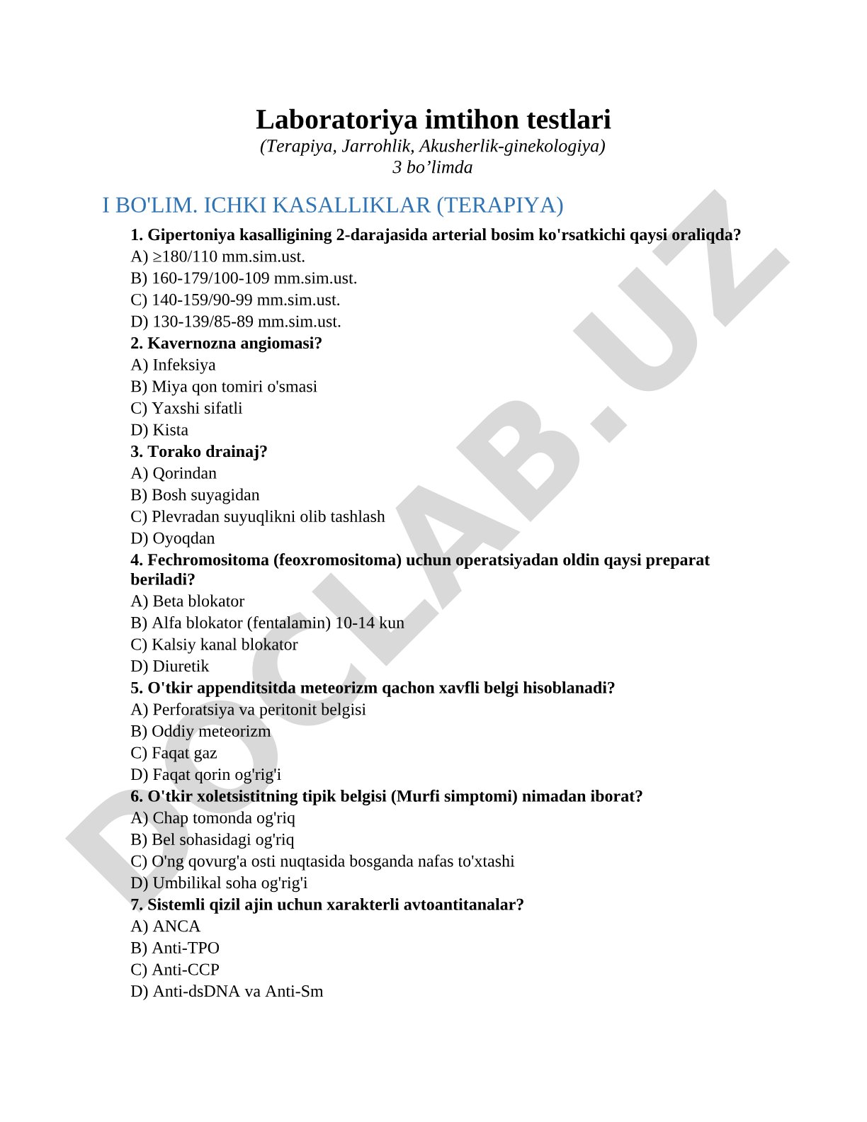 Laboratoriya imtihon testlari (Terapiya, Jarrohlik, Akusherlik-ginekologiya)