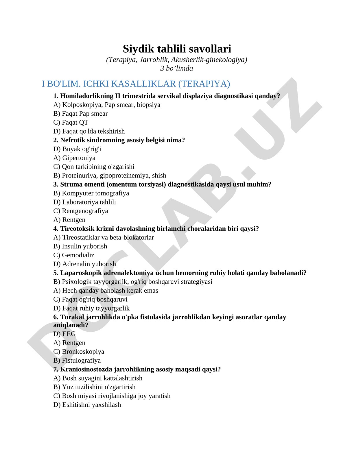Siydik tahlili savollari (Terapiya, Jarrohlik, Akusherlik-ginekologiya)