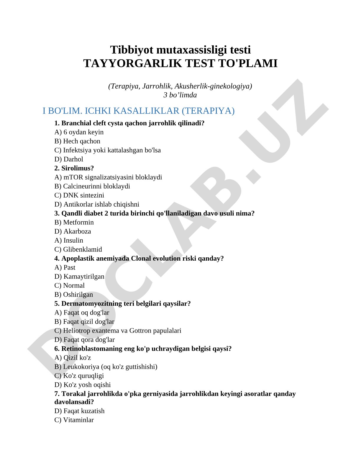 Tibbiyot mutaxassisligi testi tayyorgarlik test to'plami (Terapiya, Jarrohlik, Akusherlik-ginekologiya)