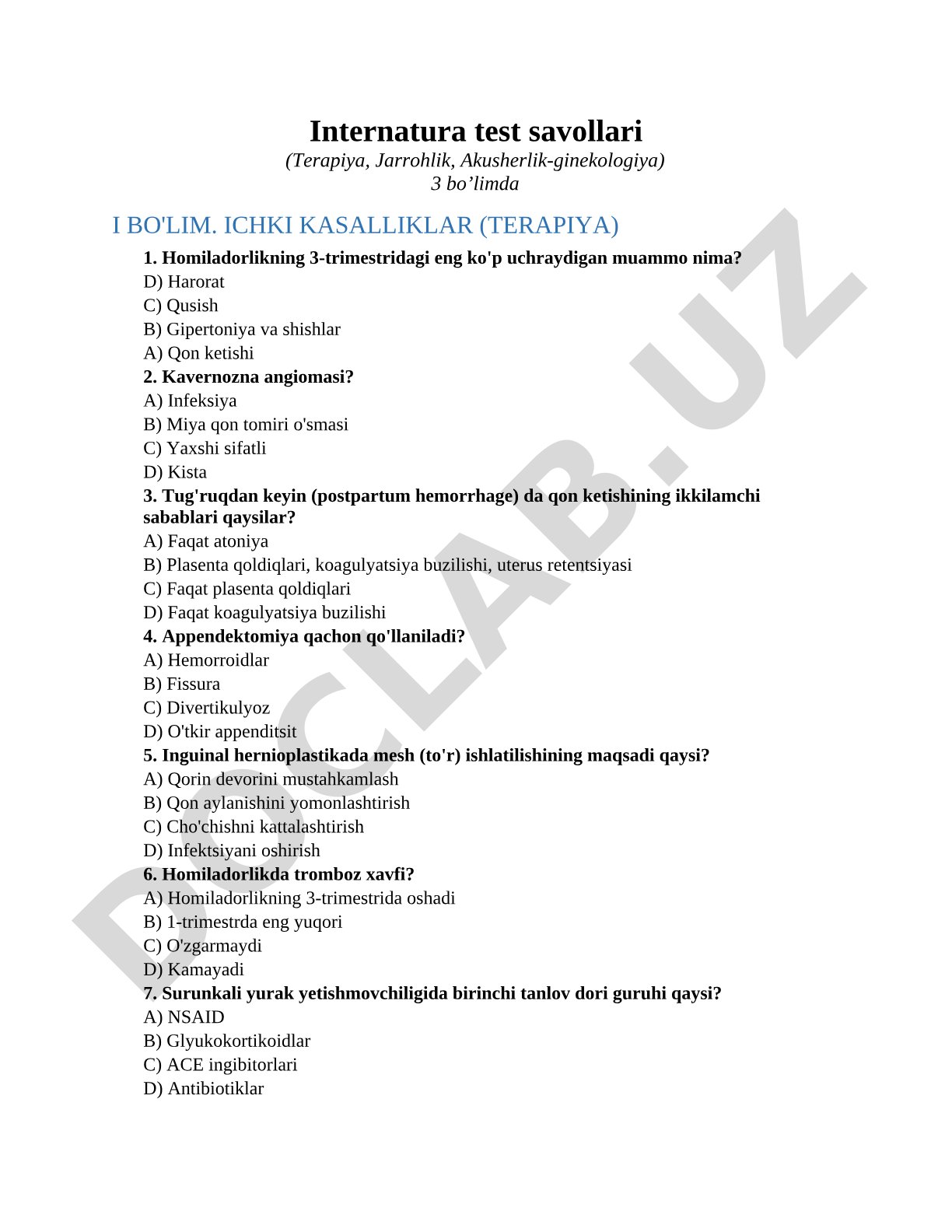 Internatura test savollari (Terapiya, Jarrohlik, Akusherlik-ginekologiya)