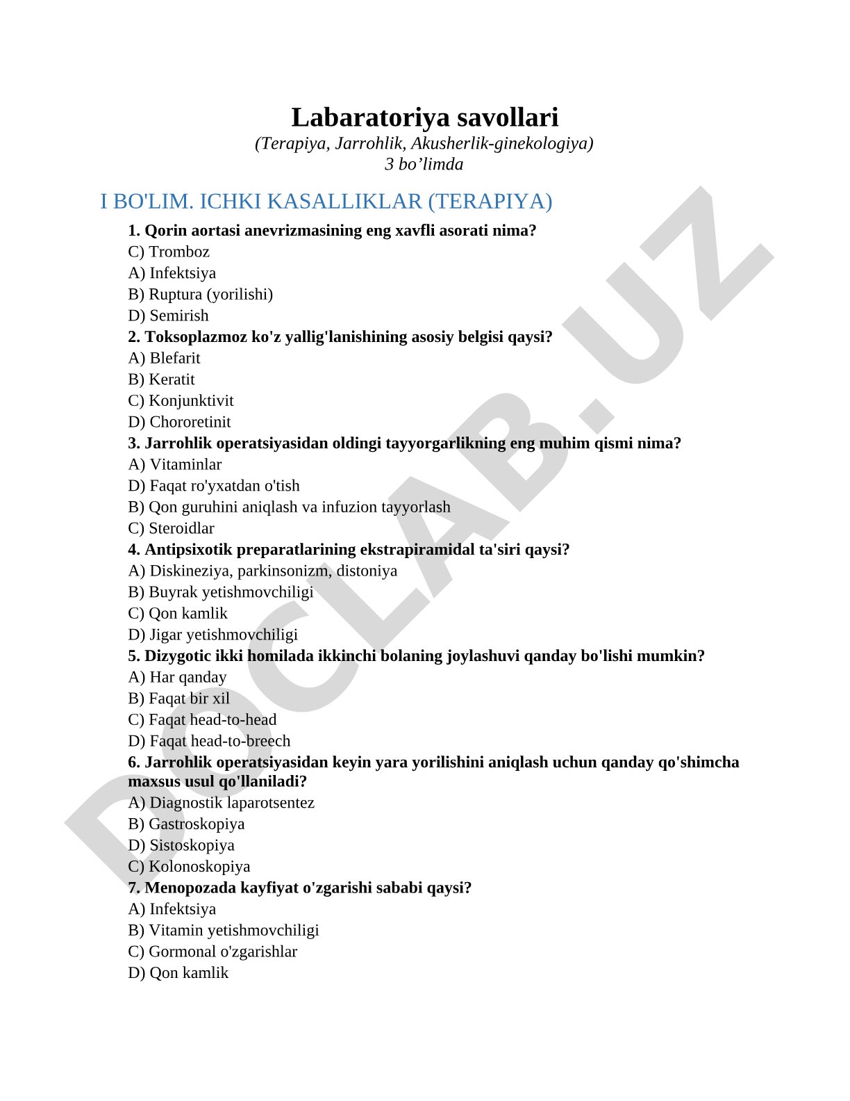 Labaratoriya savollari (Terapiya, Jarrohlik, Akusherlik-ginekologiya)