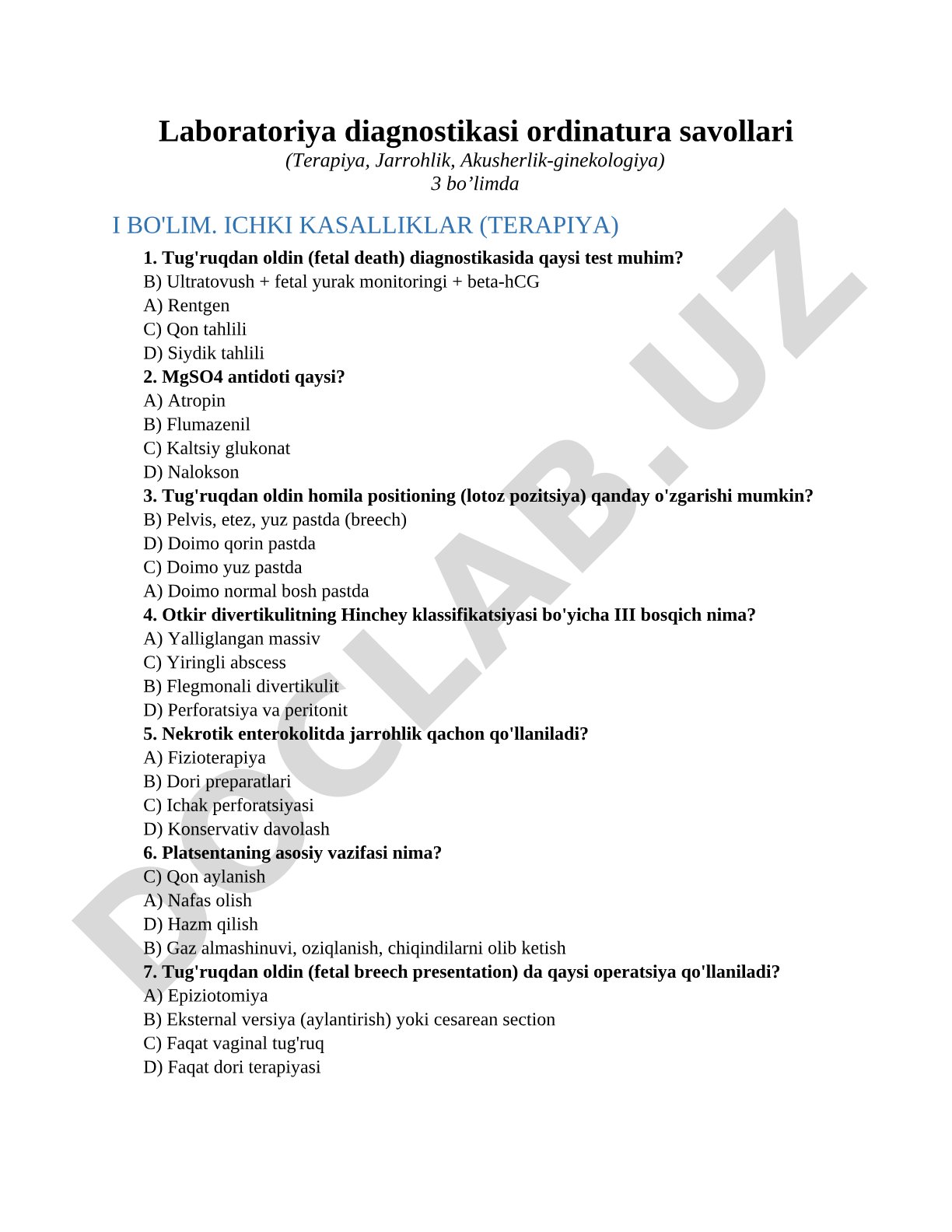 Laboratoriya diagnostikasi ordinatura savollari (Terapiya, Jarrohlik, Akusherlik-ginekologiya)