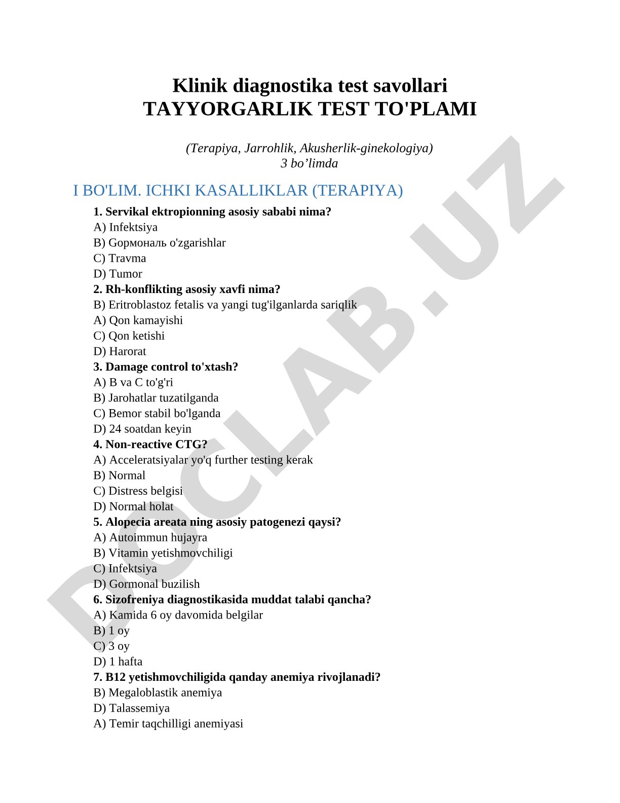 Klinik diagnostika test savollari Tayyorgarlik test to'plami (Terapiya, Jarrohlik, Akusherlik-ginekologiya)