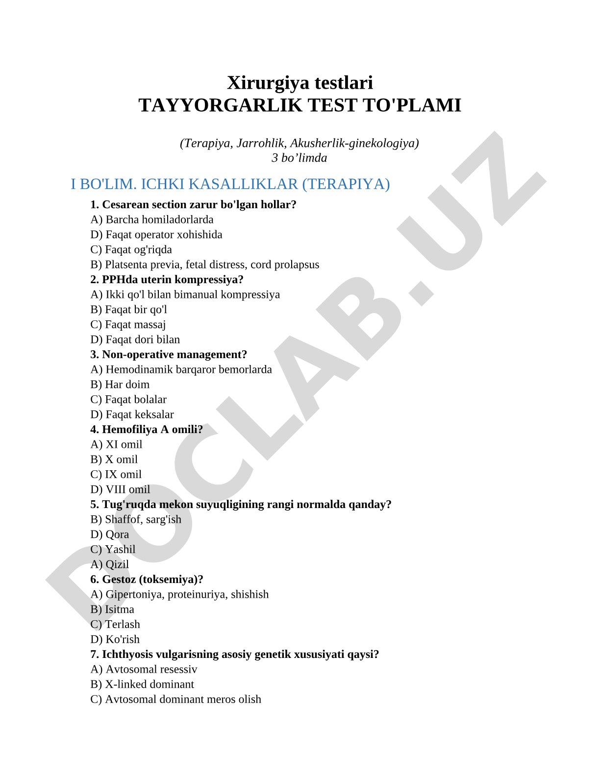 Xirurgiya testlari tayyorgarlik test to'plami