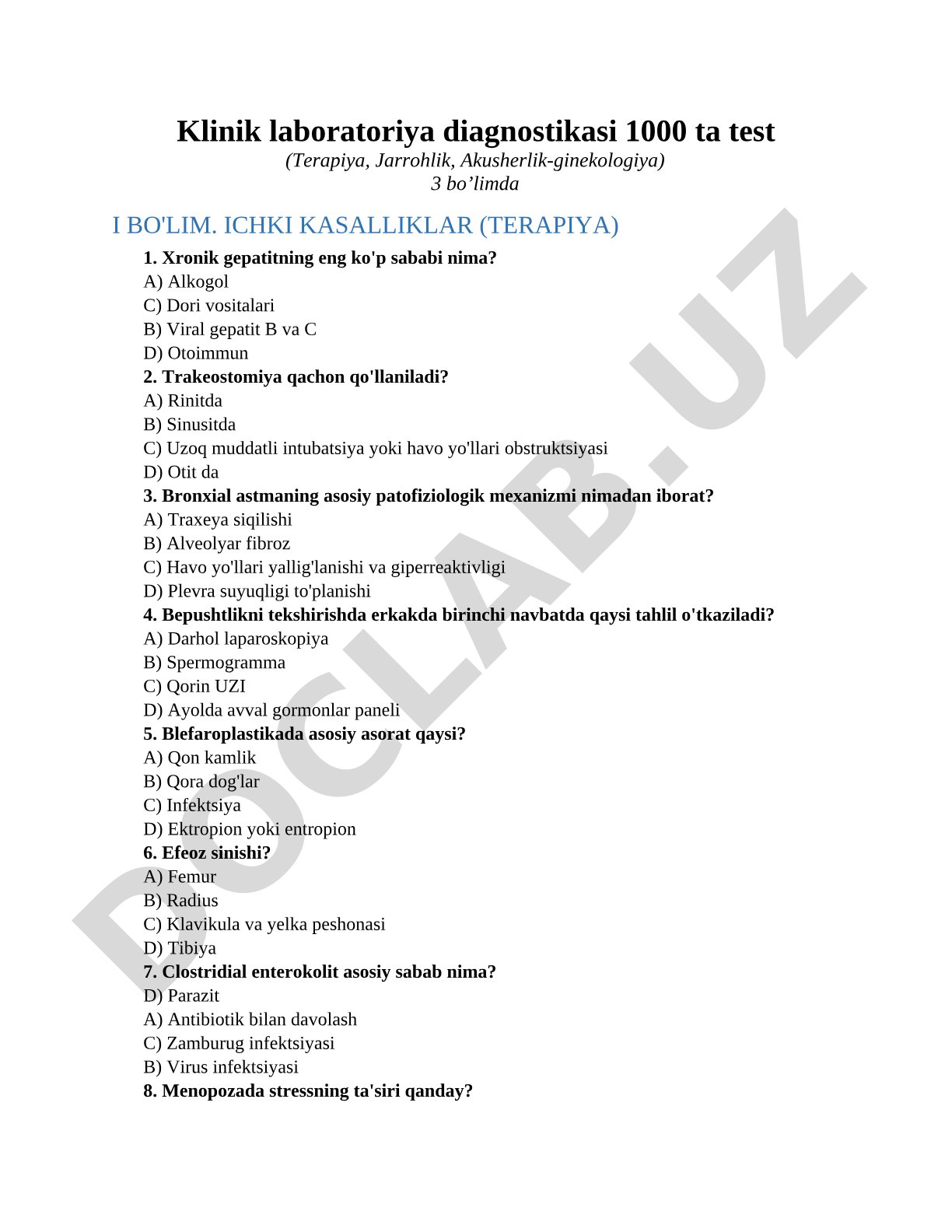 Klinik laboratoriya diagnostikasi (Terapiya, Jarrohlik, Akusherlik-ginekologiya)