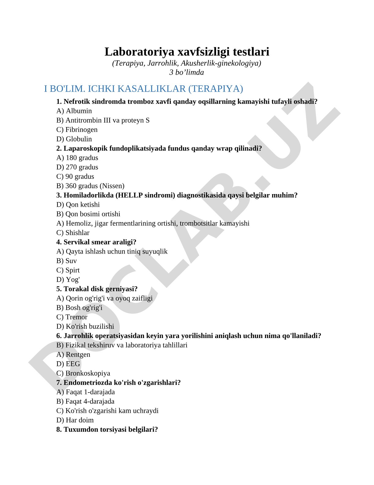 Laboratoriya xavfsizligi testlari (Terapiya, Jarrohlik, Akusherlik-ginekologiya)