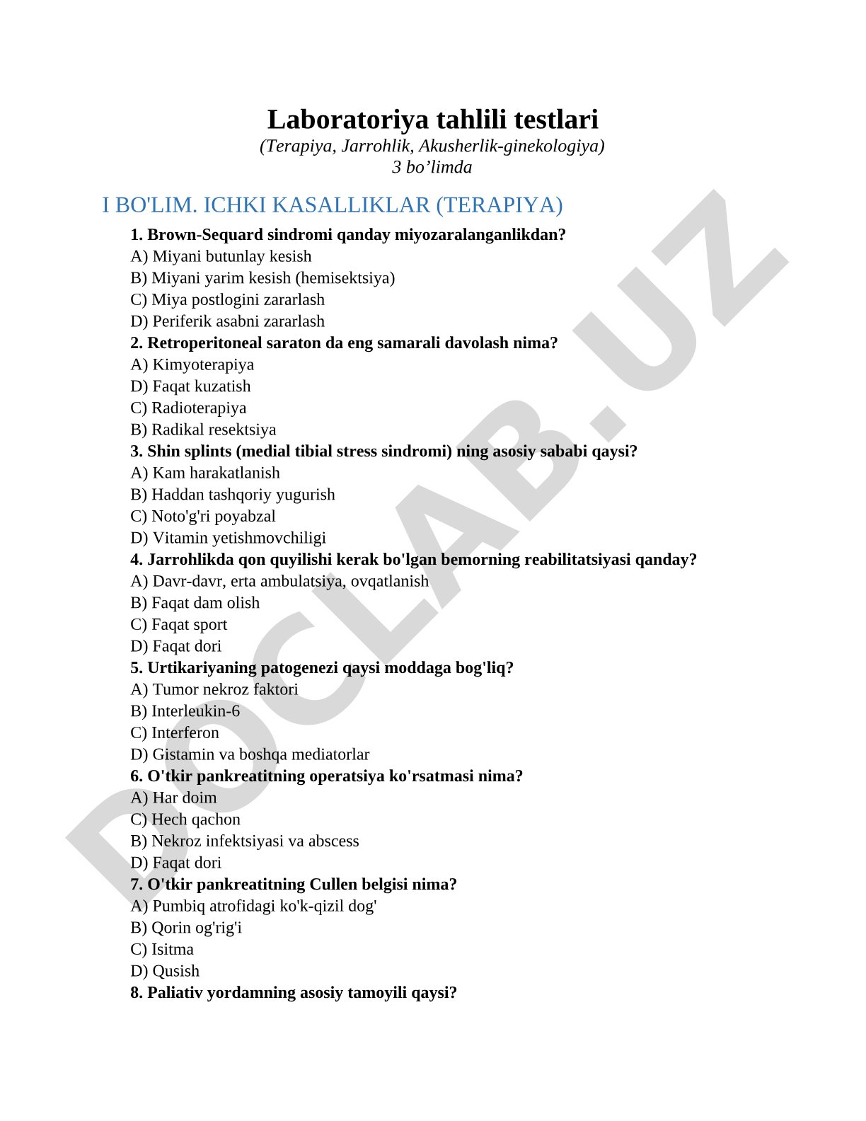 Laboratoriya tahlili testlari (Terapiya, Jarrohlik, Akusherlik-ginekologiya)3 bo’limda