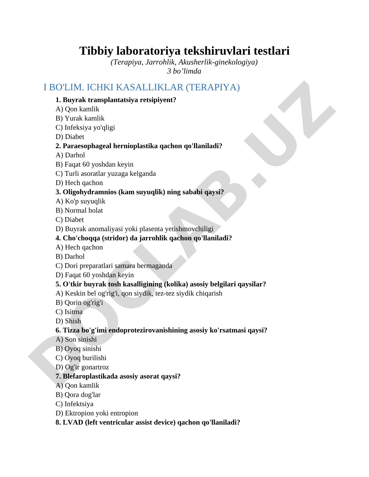 Tibbiy laboratoriya tekshiruvlari testlari (Terapiya, Jarrohlik, Akusherlik-ginekologiya)