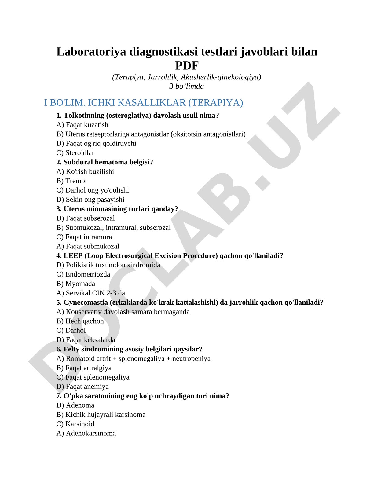 Laboratoriya diagnostikasi testlari javoblari bilan (Terapiya, Jarrohlik, Akusherlik-ginekologiya)