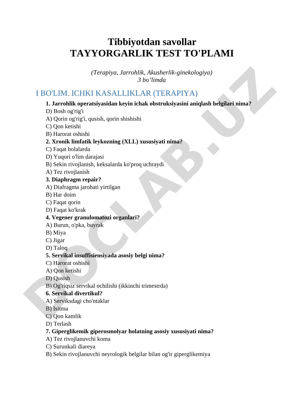Tibbiyotdan savollar tayyorgarlik test to'plami (Terapiya, Jarrohlik, Akusherlik-ginekologiya)