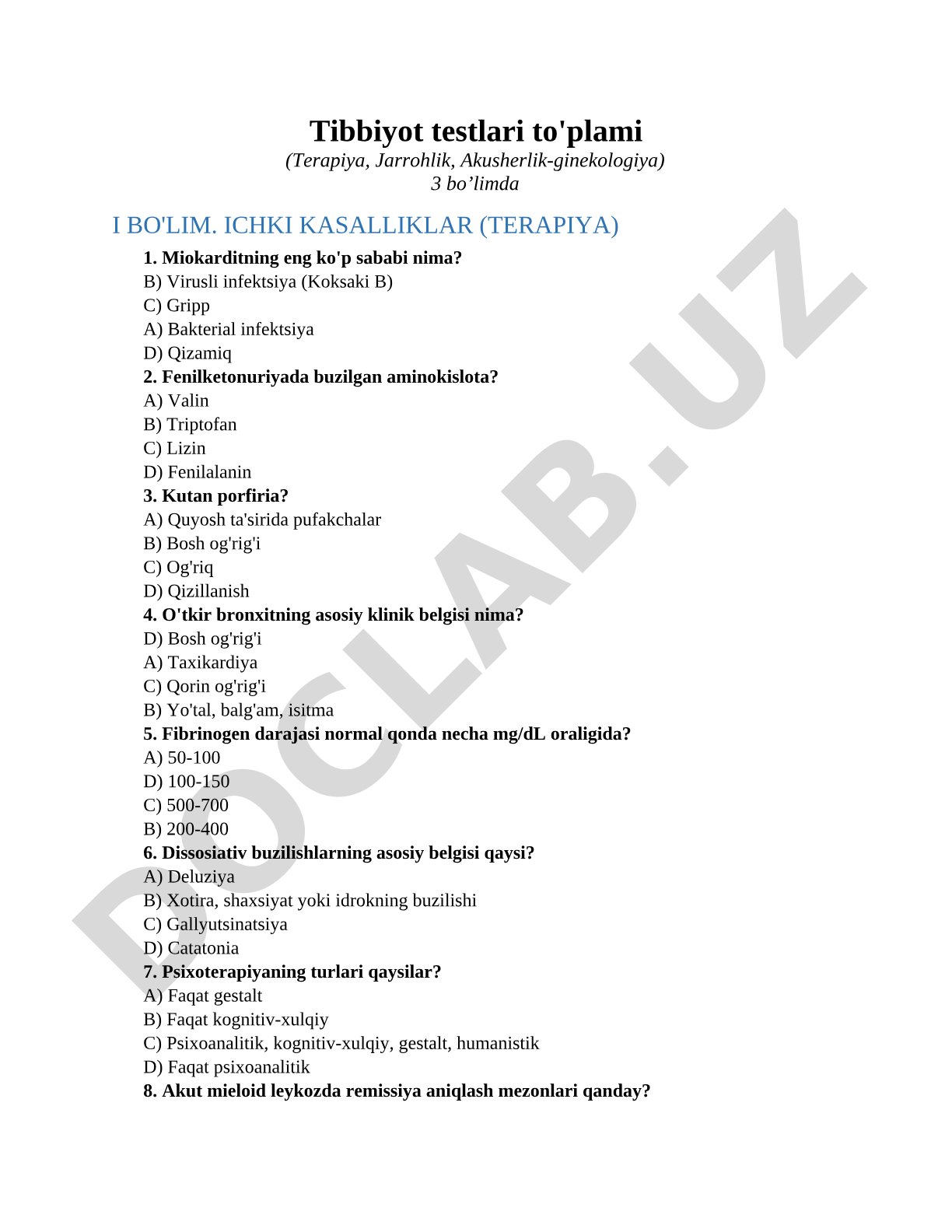 Tibbiyot testlari to'plami (Terapiya, Jarrohlik, Akusherlik-ginekologiya)