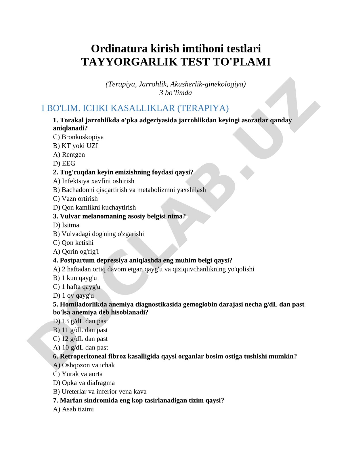 Ordinatura kirish imtihoni testlari tayyorgarlik test to'plami (Terapiya, Jarrohlik, Akusherlik-ginekologiya)
