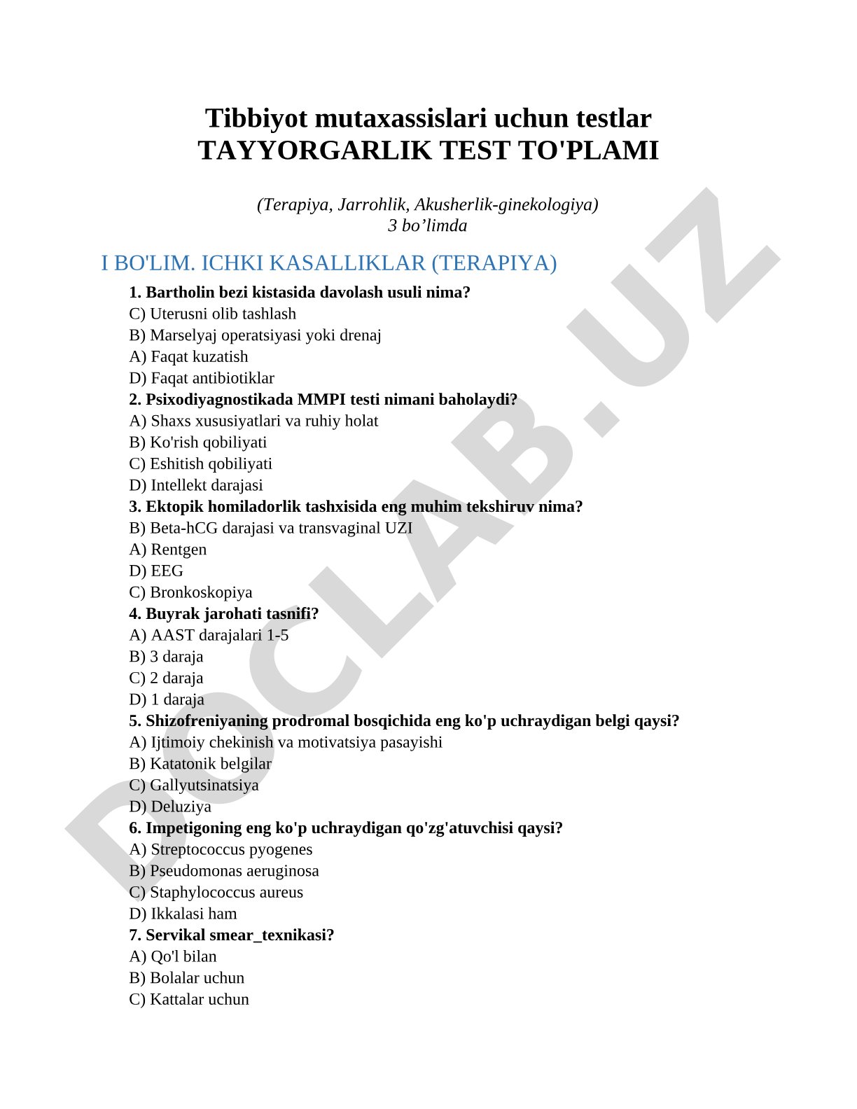 Tayyorgarlik test to'plami (Terapiya, Jarrohlik, Akusherlik-ginekologiya)