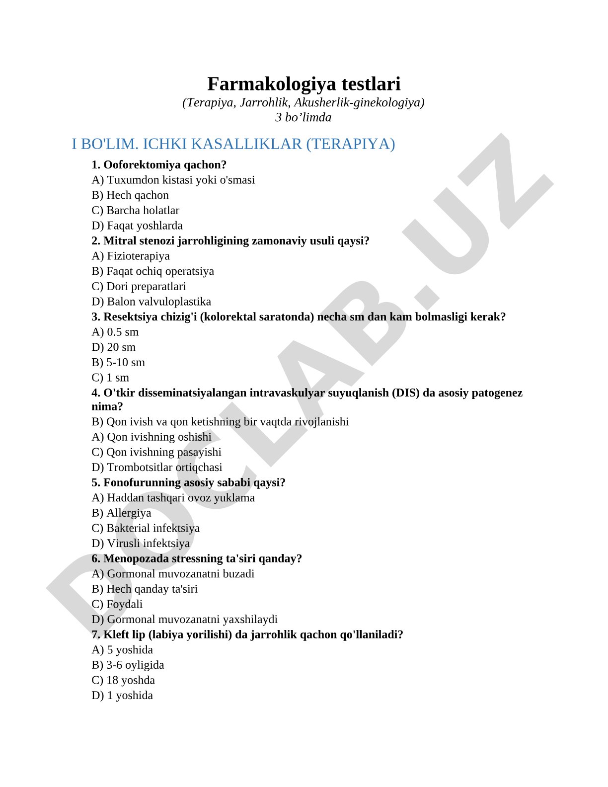 Farmakologiya testlari (Terapiya, Jarrohlik, Akusherlik-ginekologiya)