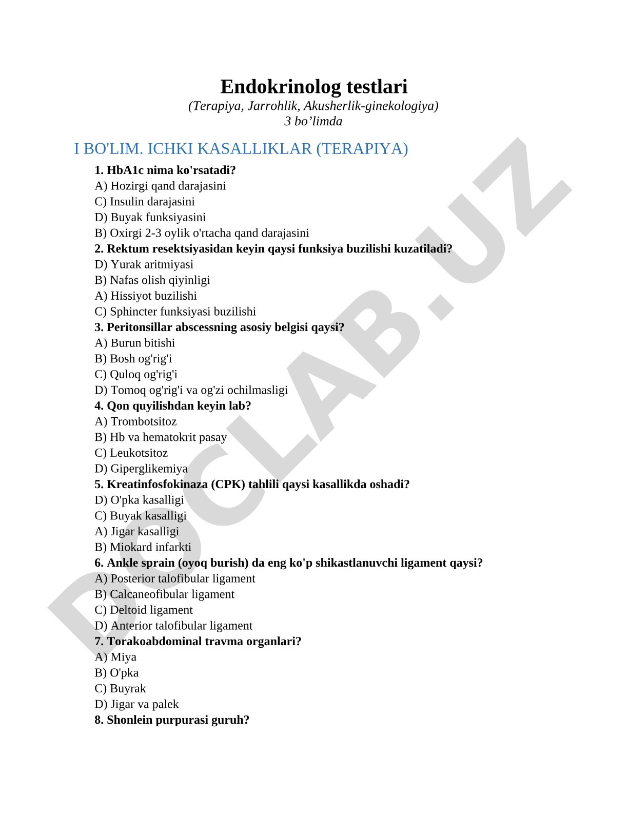 Endokrinolog testlari (Terapiya, Jarrohlik, Akusherlik-ginekologiya)