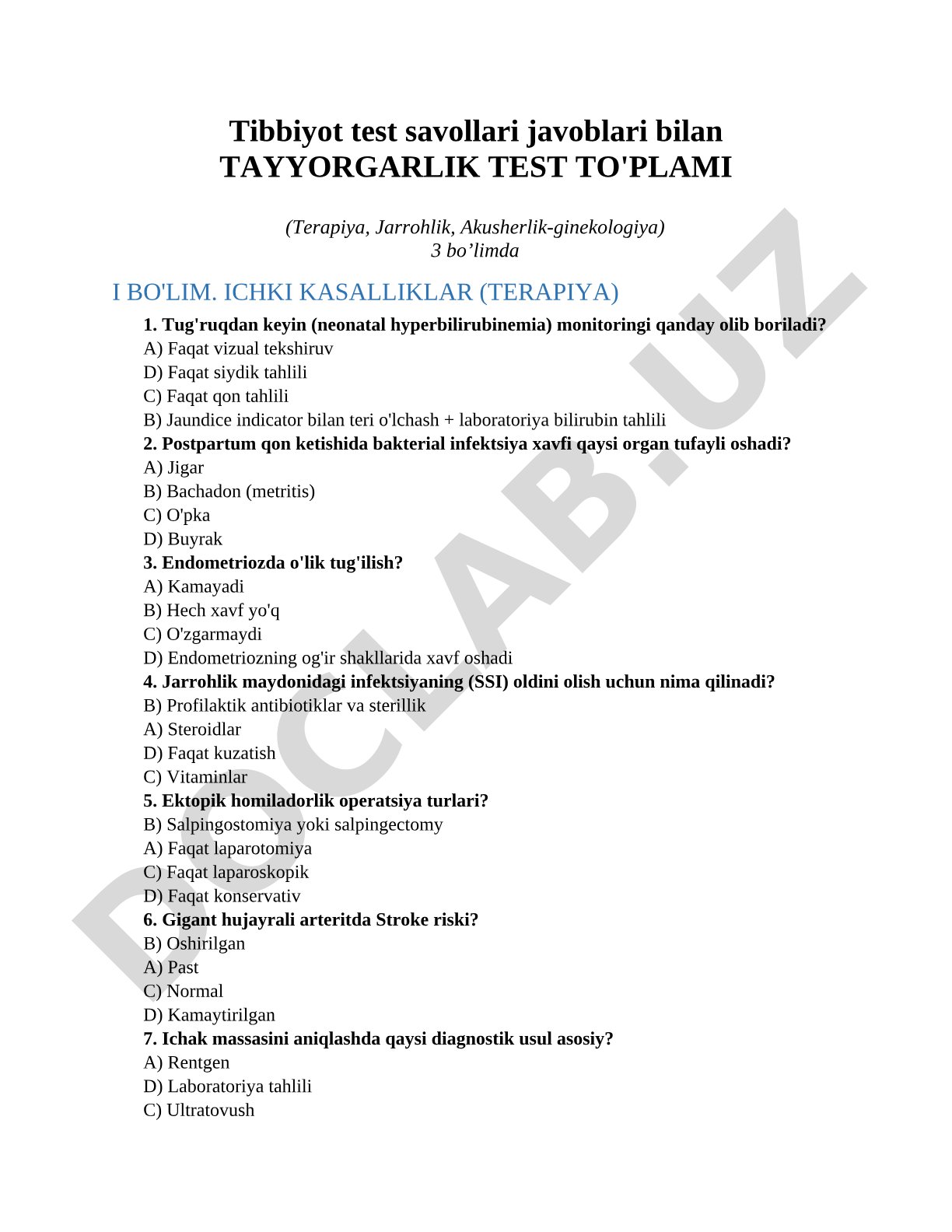 Tibbiyot test savollari javoblari bilan TAYYORGARLIK TEST TO'PLAMI (Terapiya, Jarrohlik, Akusherlik-ginekologiya)
