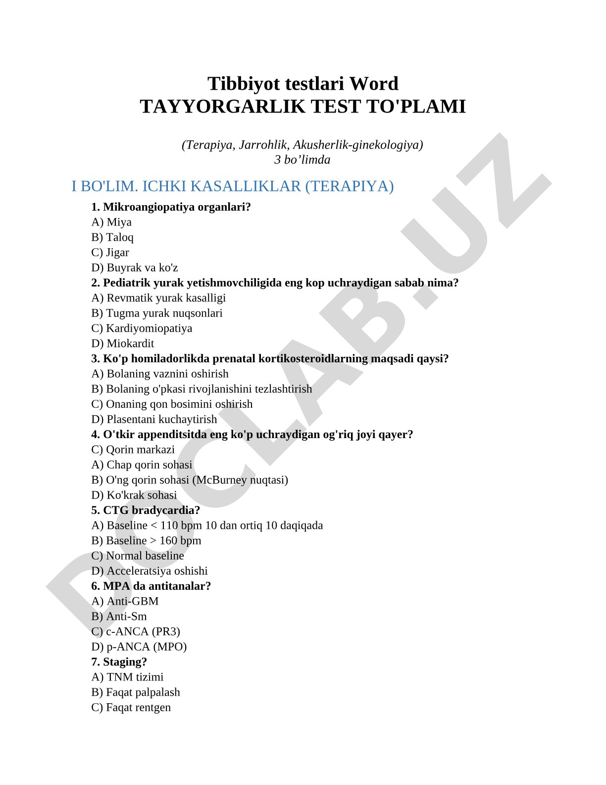 Tibbiyot testlari tayyorgarlik test to'plami (Terapiya, Jarrohlik, Akusherlik-ginekologiya)
