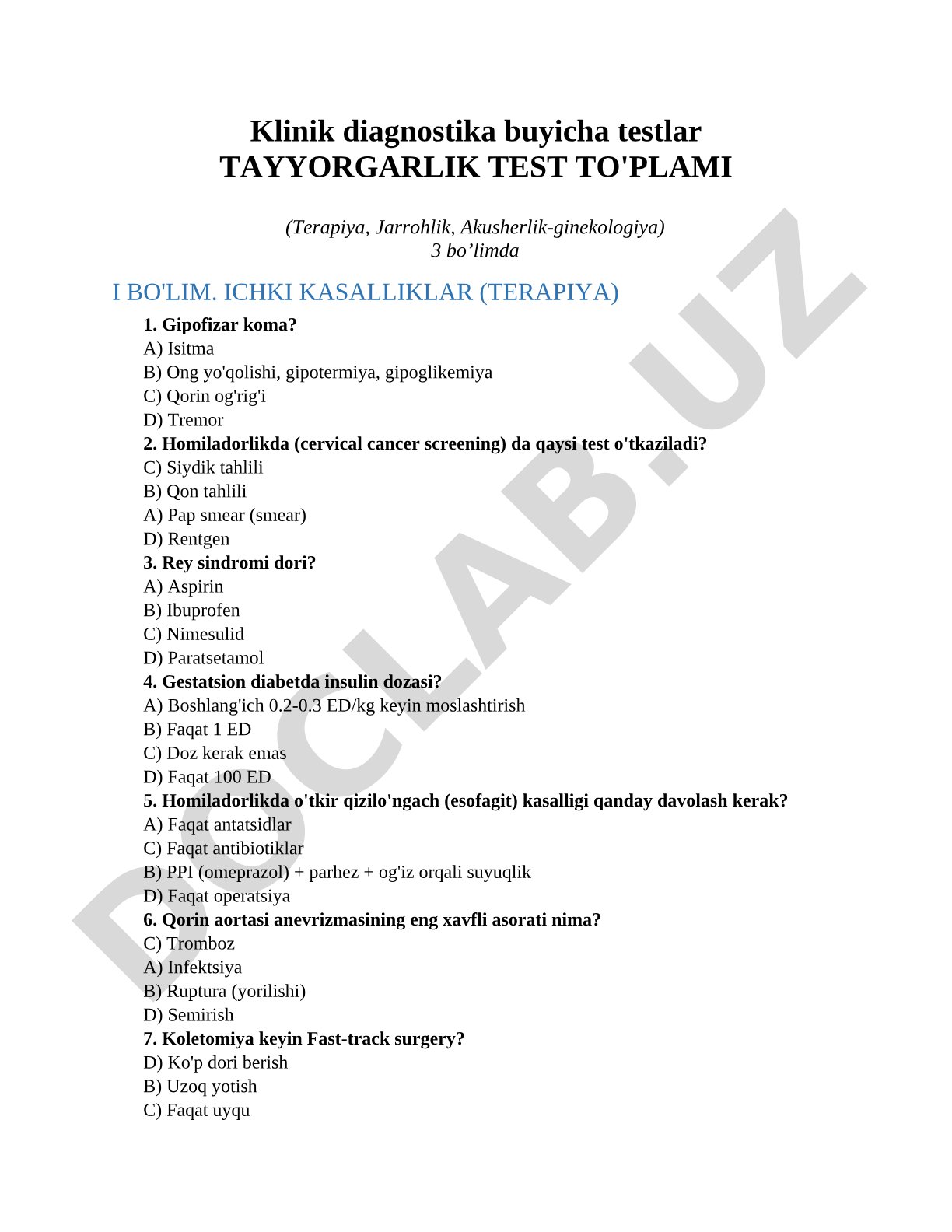 Klinik diagnostika buyicha testlar Tayyorgarlik test to'plami (Terapiya, Jarrohlik, Akusherlik-ginekologiya)