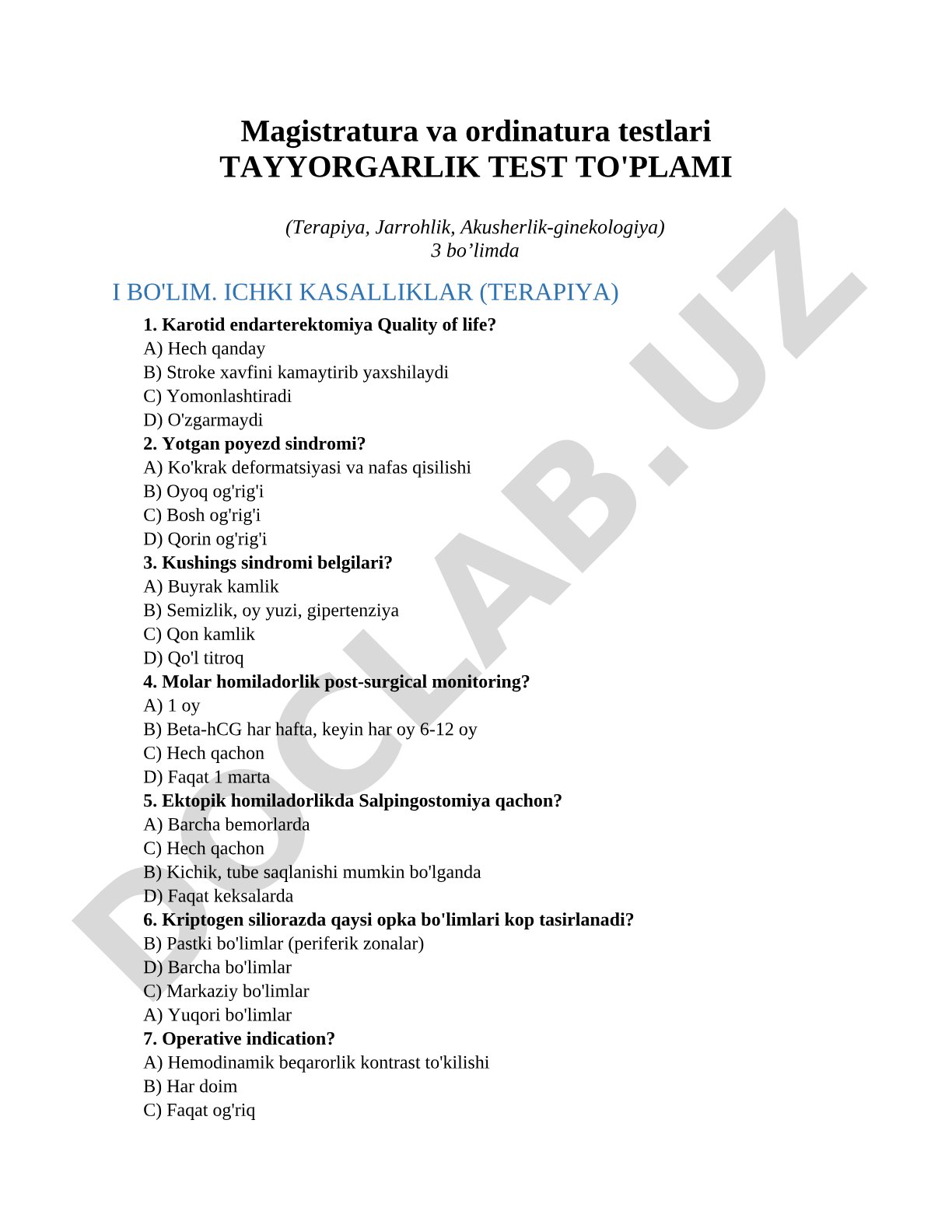 Magistratura va ordinatura testlari tayyorgarlik test to'plami (Terapiya, Jarrohlik, Akusherlik-ginekologiya)