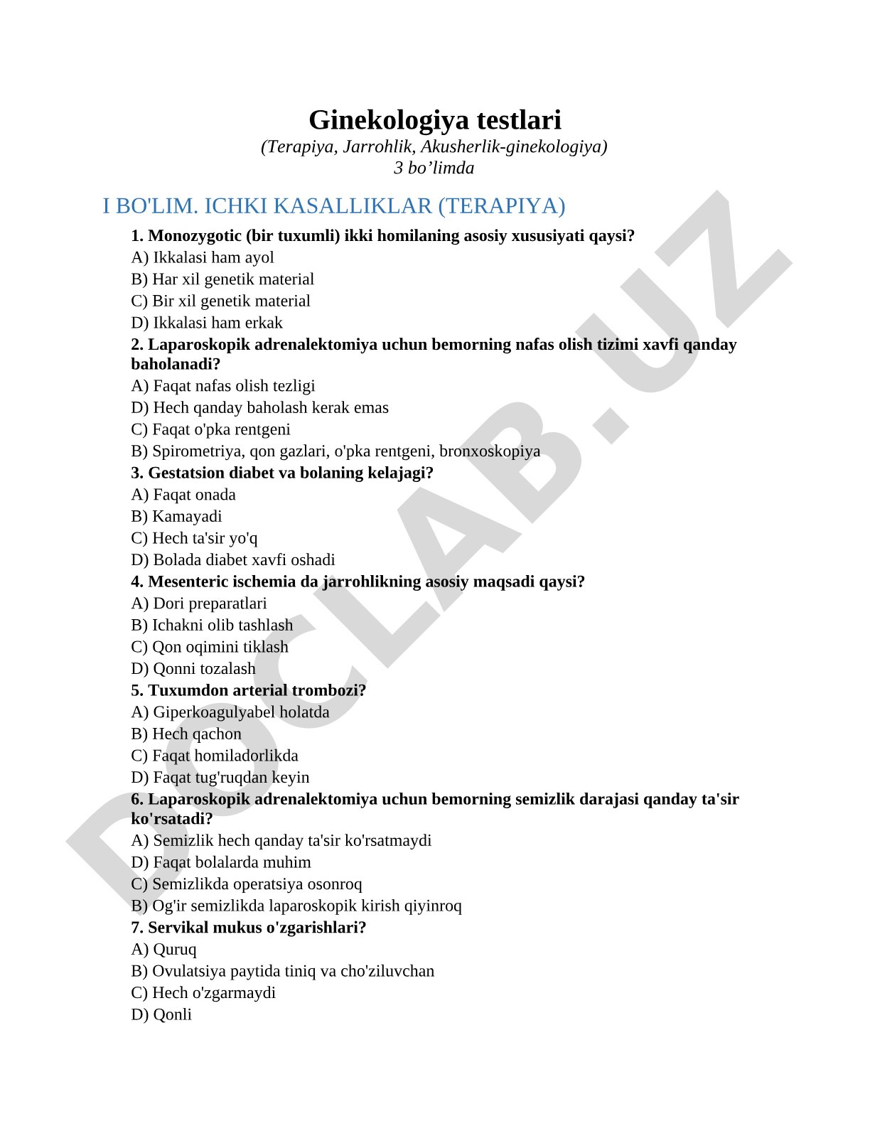 Ginekologiya testlari (Terapiya, Jarrohlik, Akusherlik-ginekologiya)