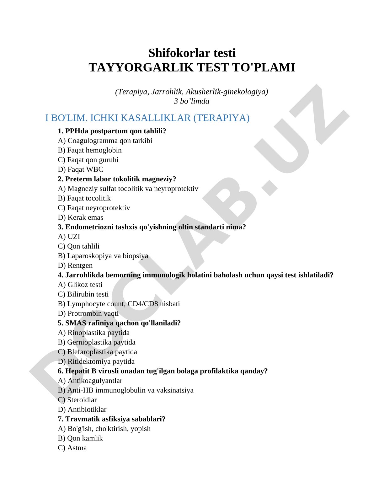 Shifokorlar testi tayyorgarlik test to'plami (Terapiya, Jarrohlik, Akusherlik-ginekologiya)
