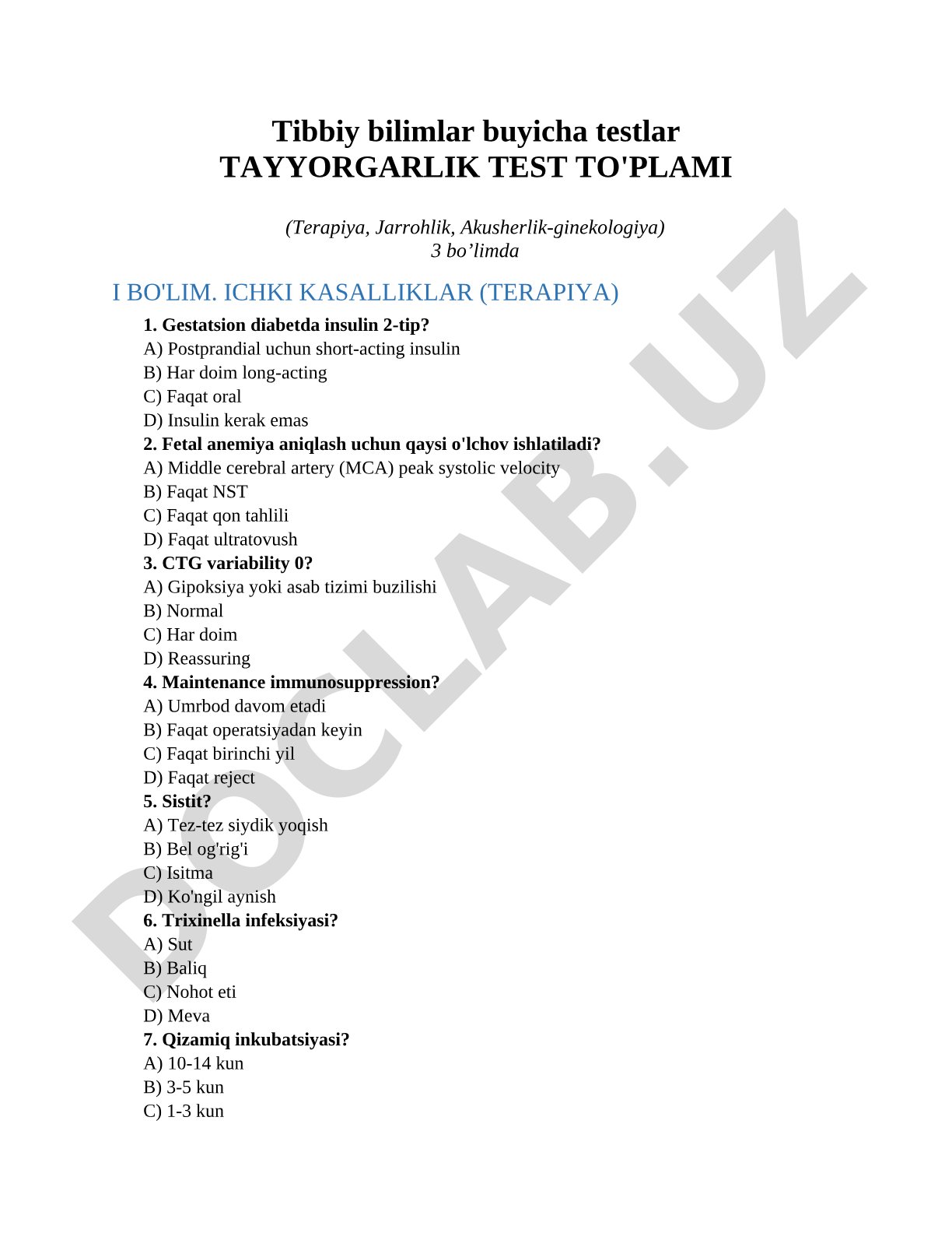 Tibbiy bilimlar buyicha testlar Tayyorgarlik test to'plami (Terapiya, Jarrohlik, Akusherlik-ginekologiya)